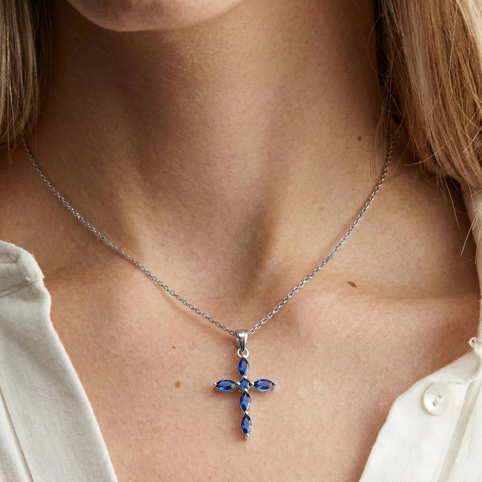 Blue Sapphire Marquise Cross Pendant Necklace in 925 Sterling Silver 2ct