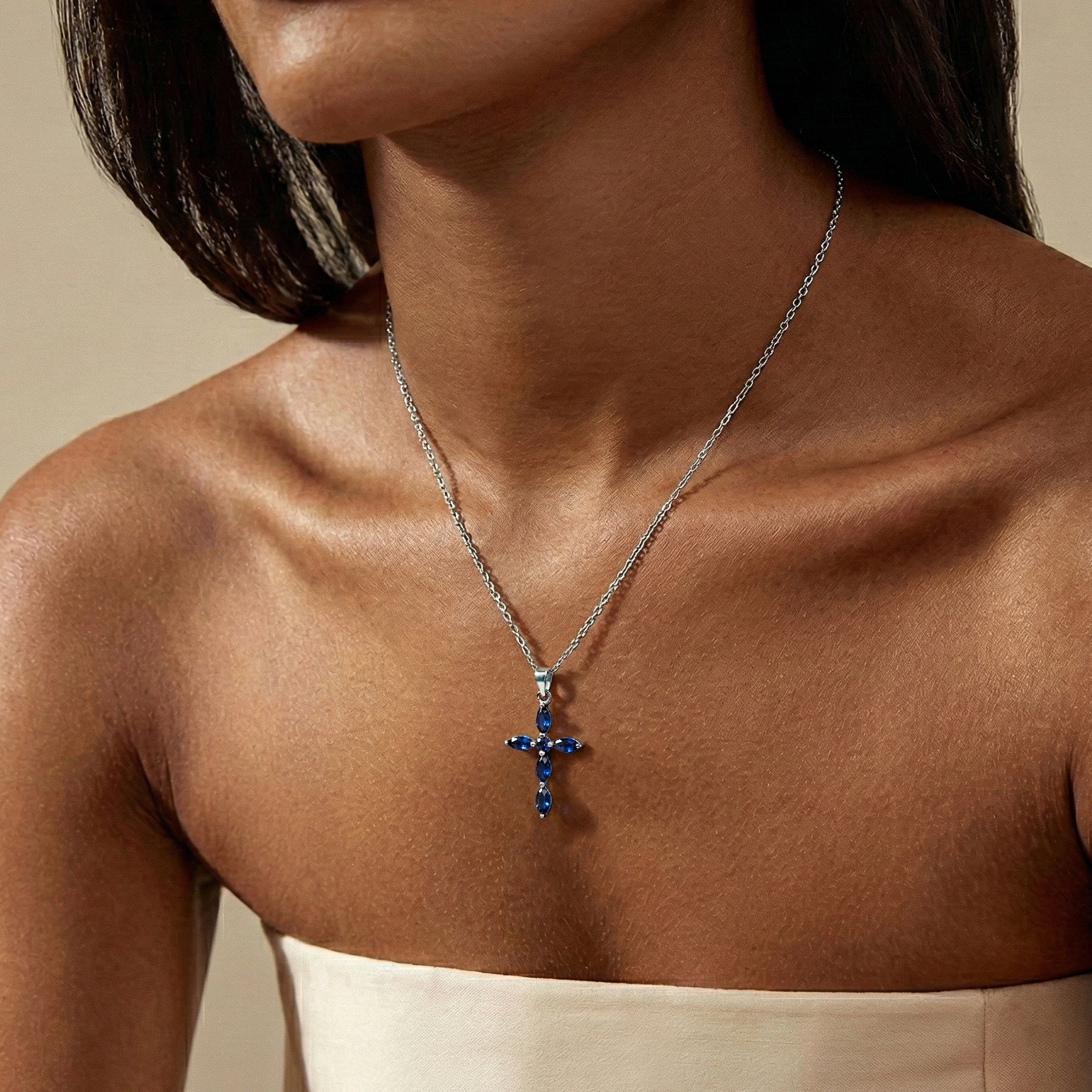 Blue Sapphire Marquise Cross Pendant Necklace in 925 Sterling Silver 2ct