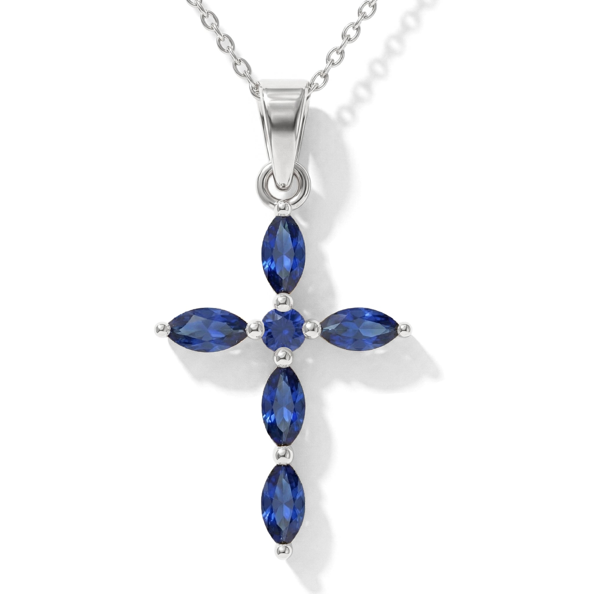 Blue Sapphire Marquise Cross Pendant Necklace in 925 Sterling Silver 2ct