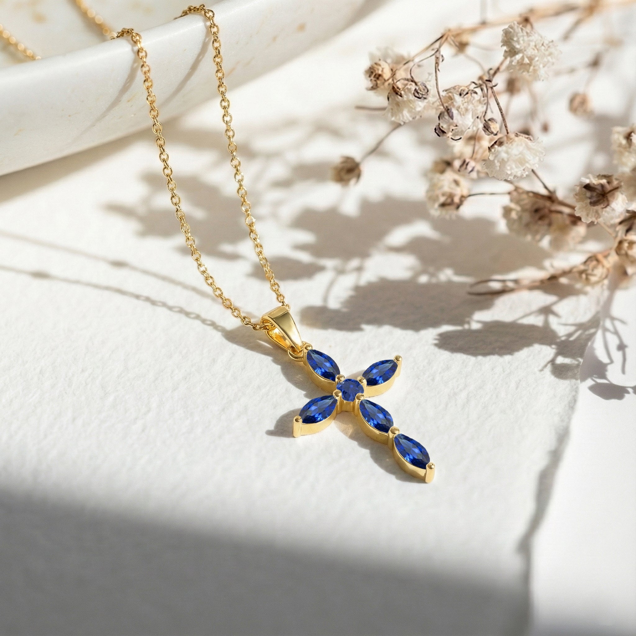 Blue Sapphire Marquise Cross Pendant Necklace in Yellow Gold Plated 2ct