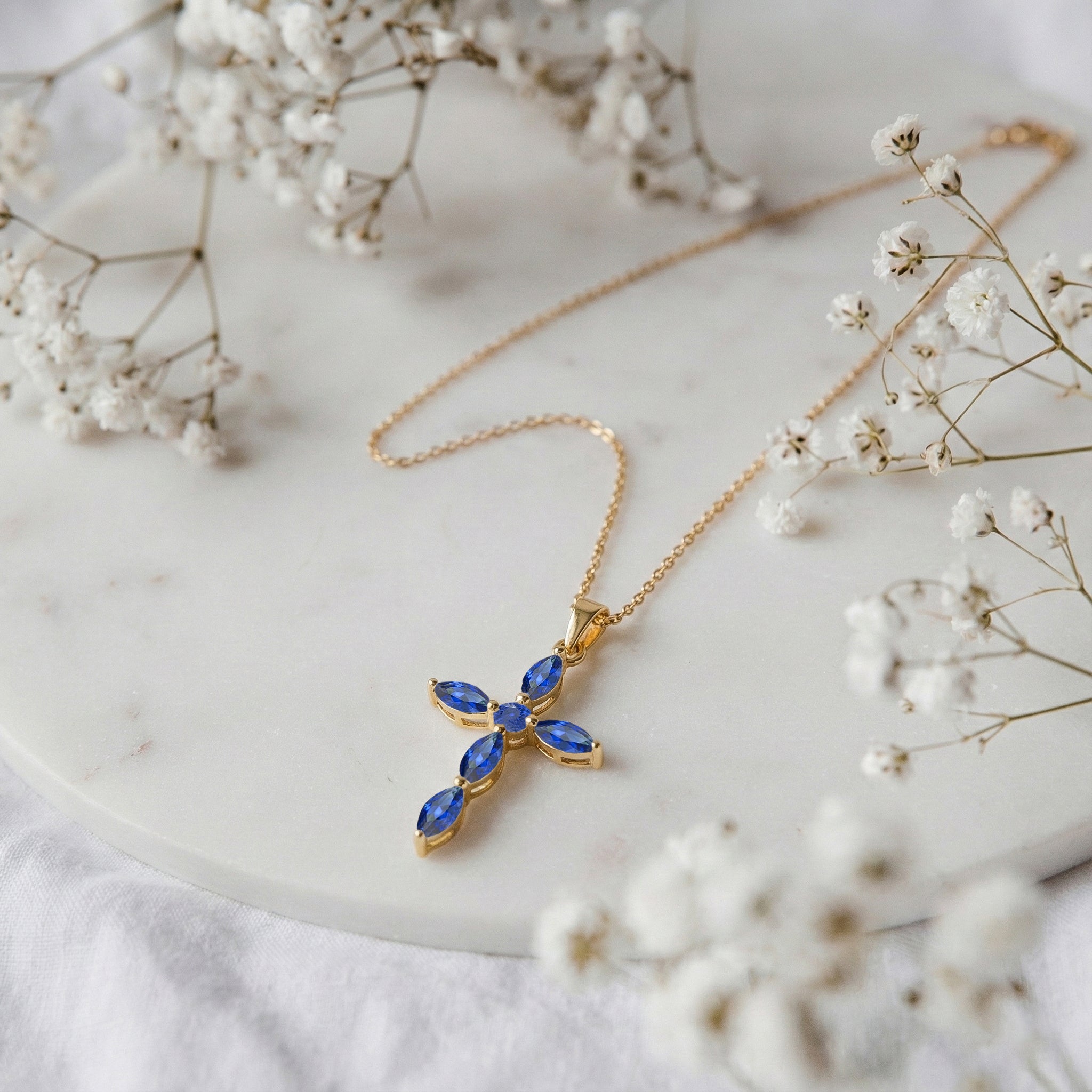 Blue Sapphire Marquise Cross Pendant Necklace in Yellow Gold Plated 2ct