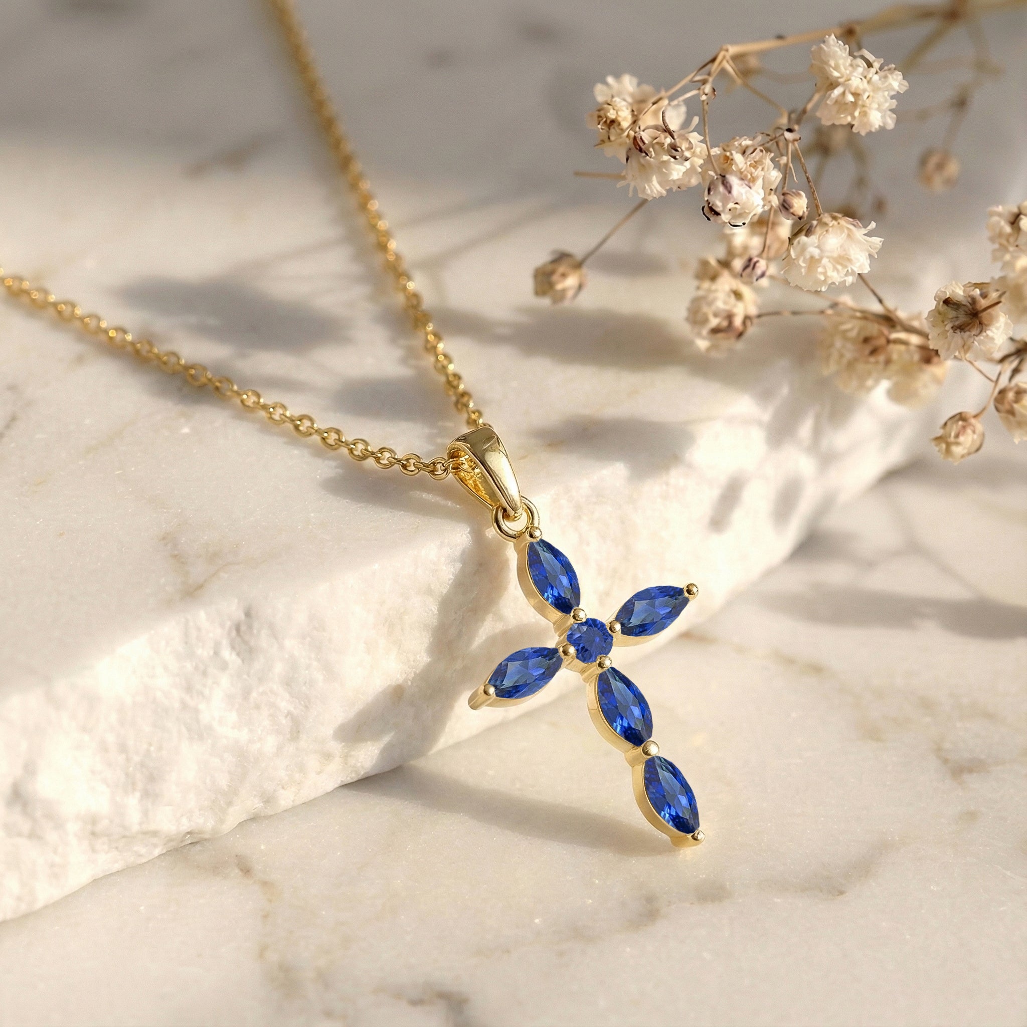 Blue Sapphire Marquise Cross Pendant Necklace in 925 Sterling Silver 2ct