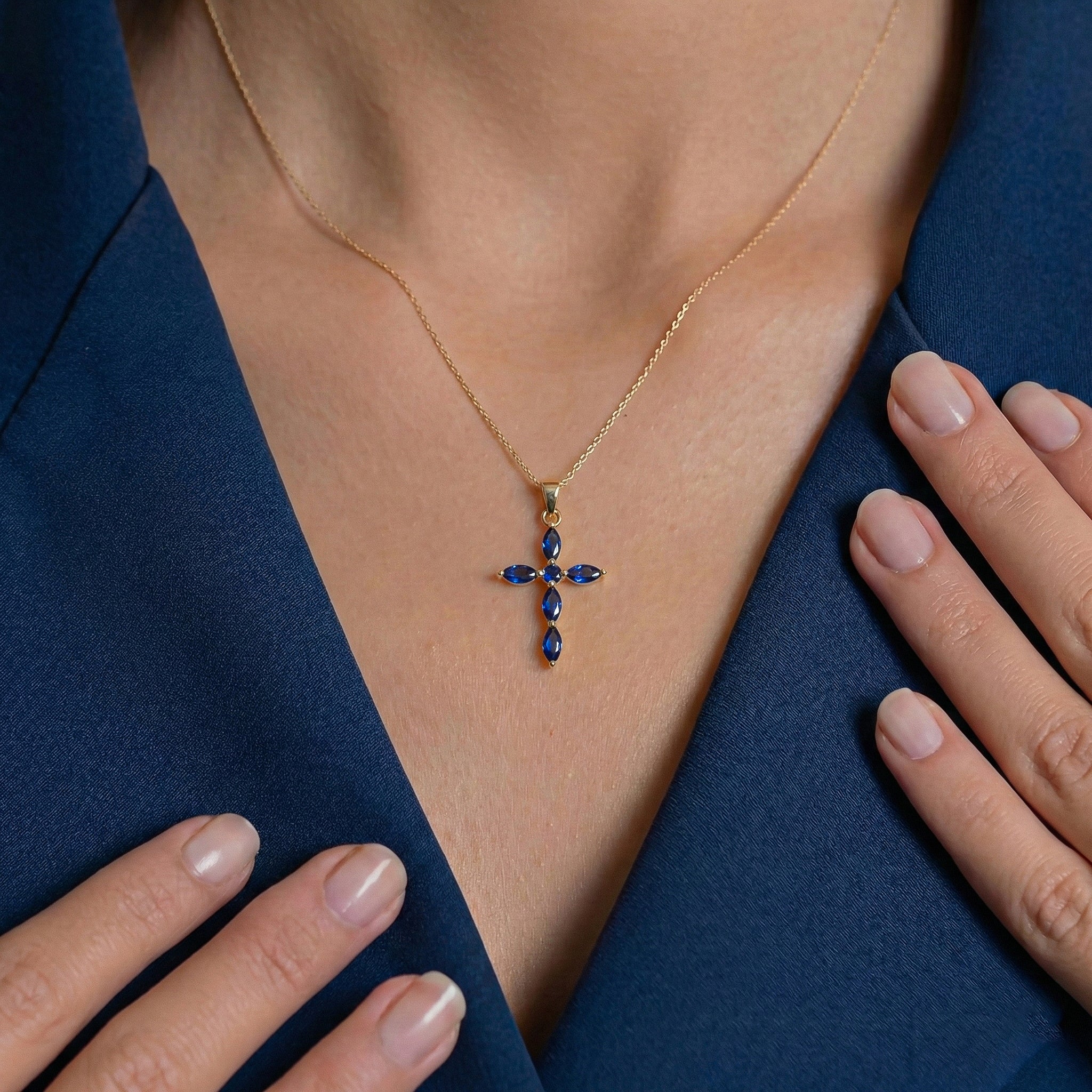 Blue Sapphire Marquise Cross Pendant Necklace in Yellow Gold Plated 2ct