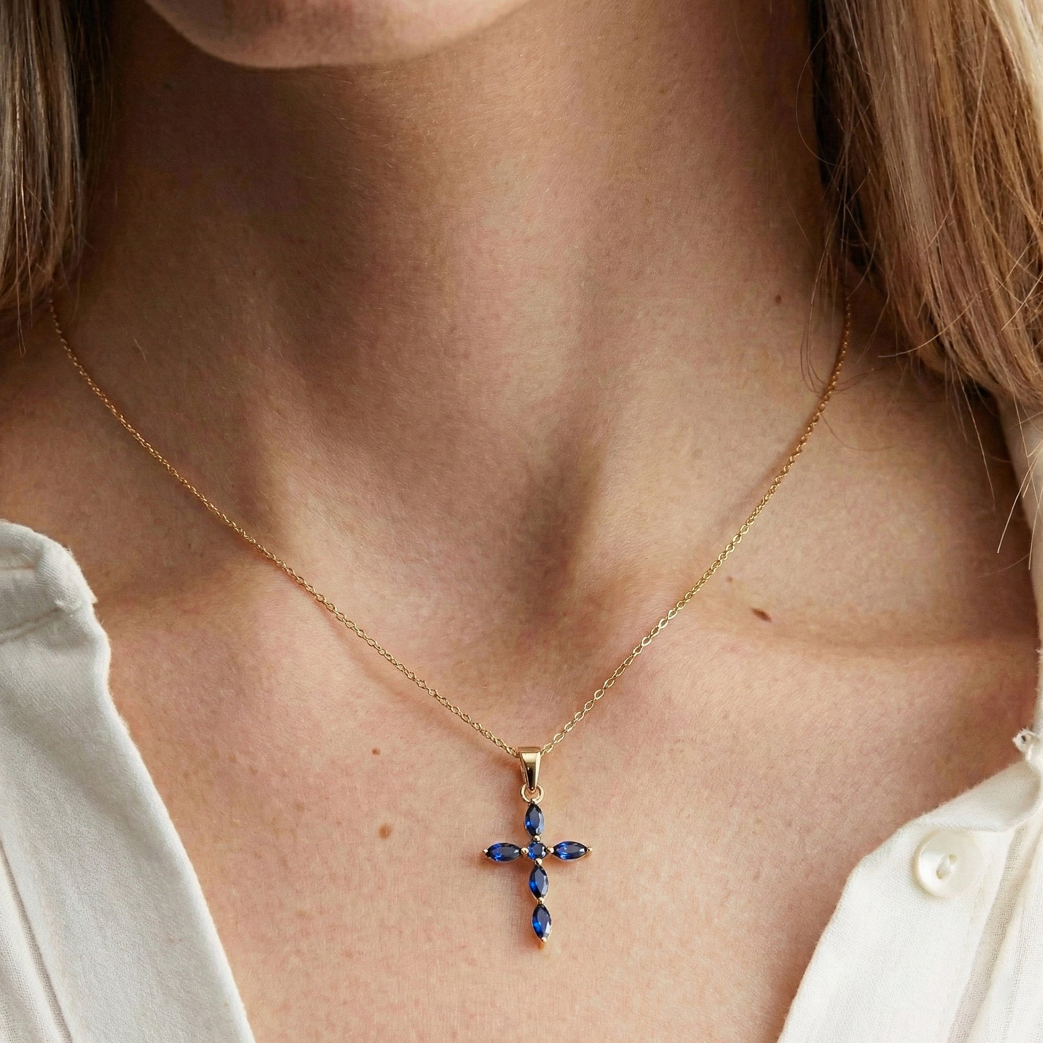Blue Sapphire Marquise Cross Pendant Necklace in Yellow Gold Plated 2ct