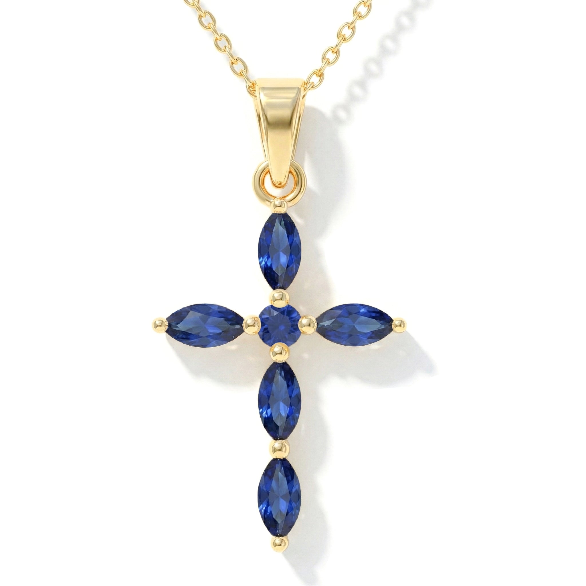 Blue Sapphire Marquise Cross Pendant Necklace in 925 Sterling Silver 2ct