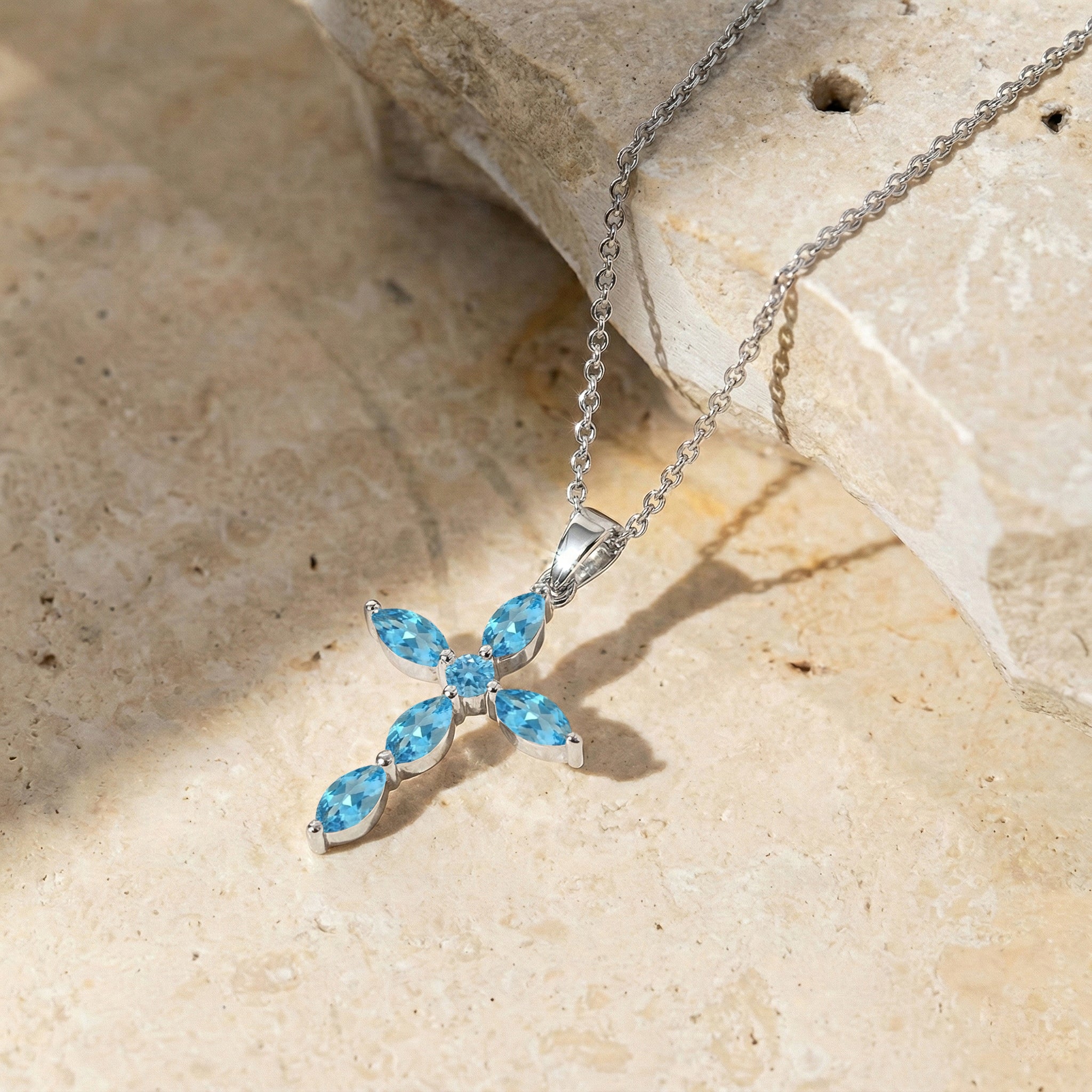 Blue Topaz Marquise Cross Pendant Necklace in 925 Sterling Silver 2ct