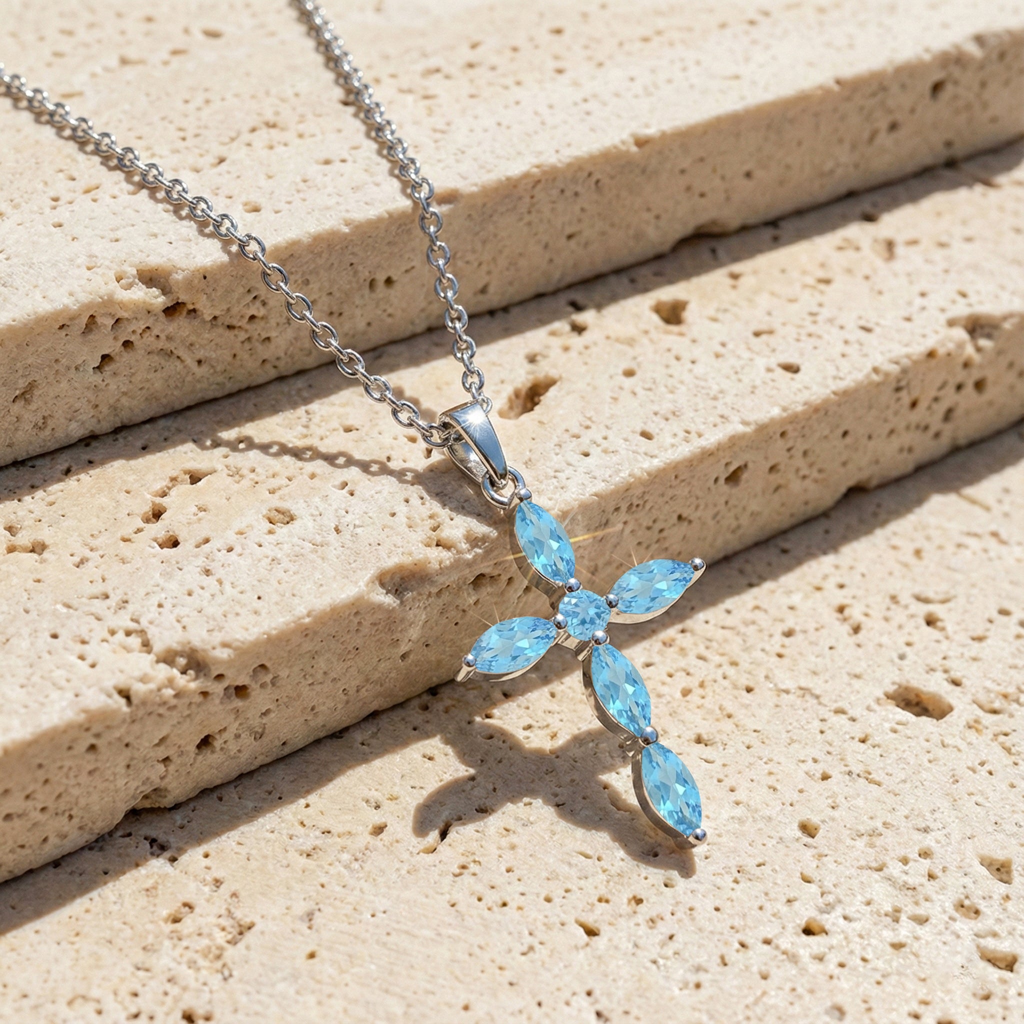 Blue Topaz Marquise Cross Pendant Necklace in 925 Sterling Silver 2ct