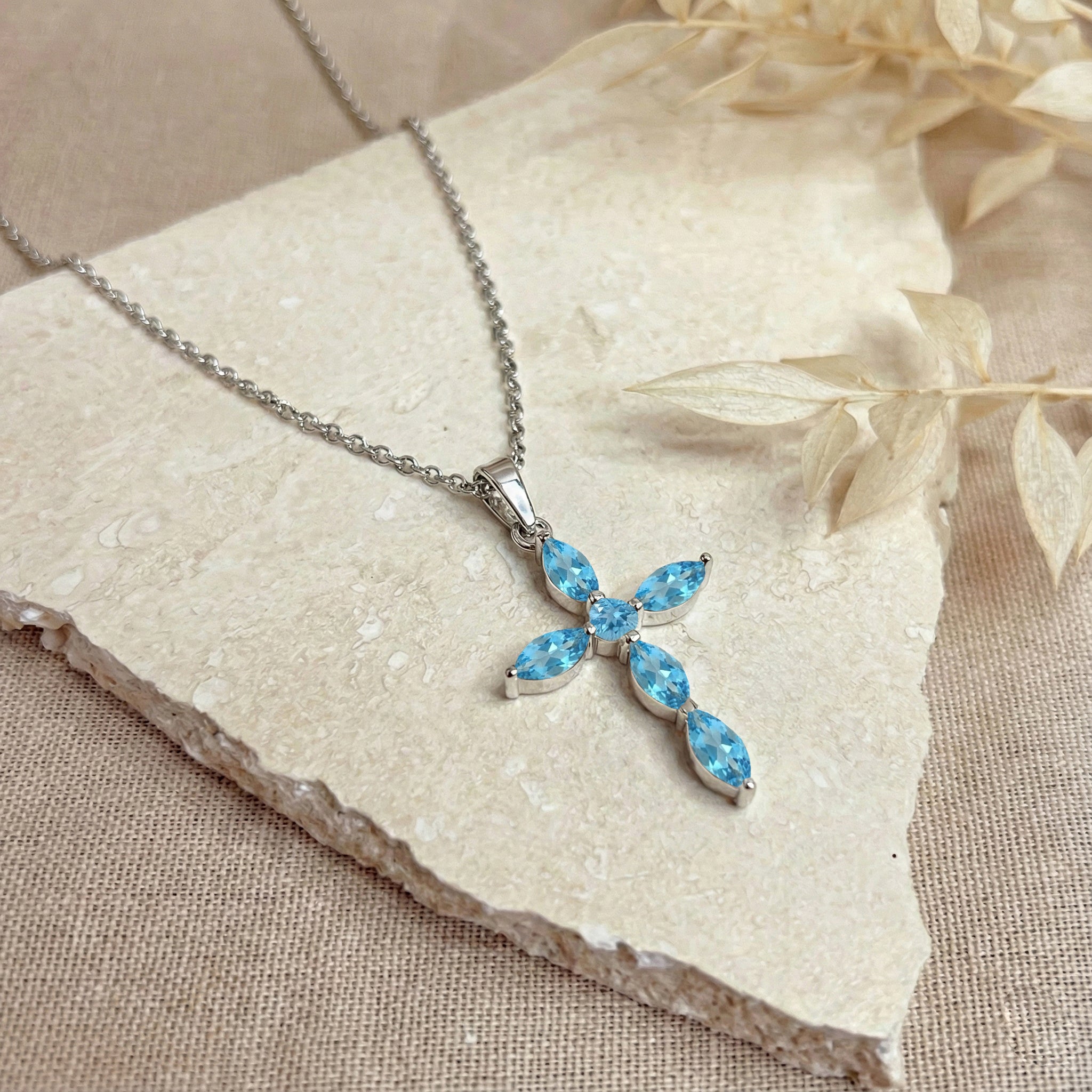 Blue Topaz Marquise Cross Pendant Necklace in 925 Sterling Silver 2ct