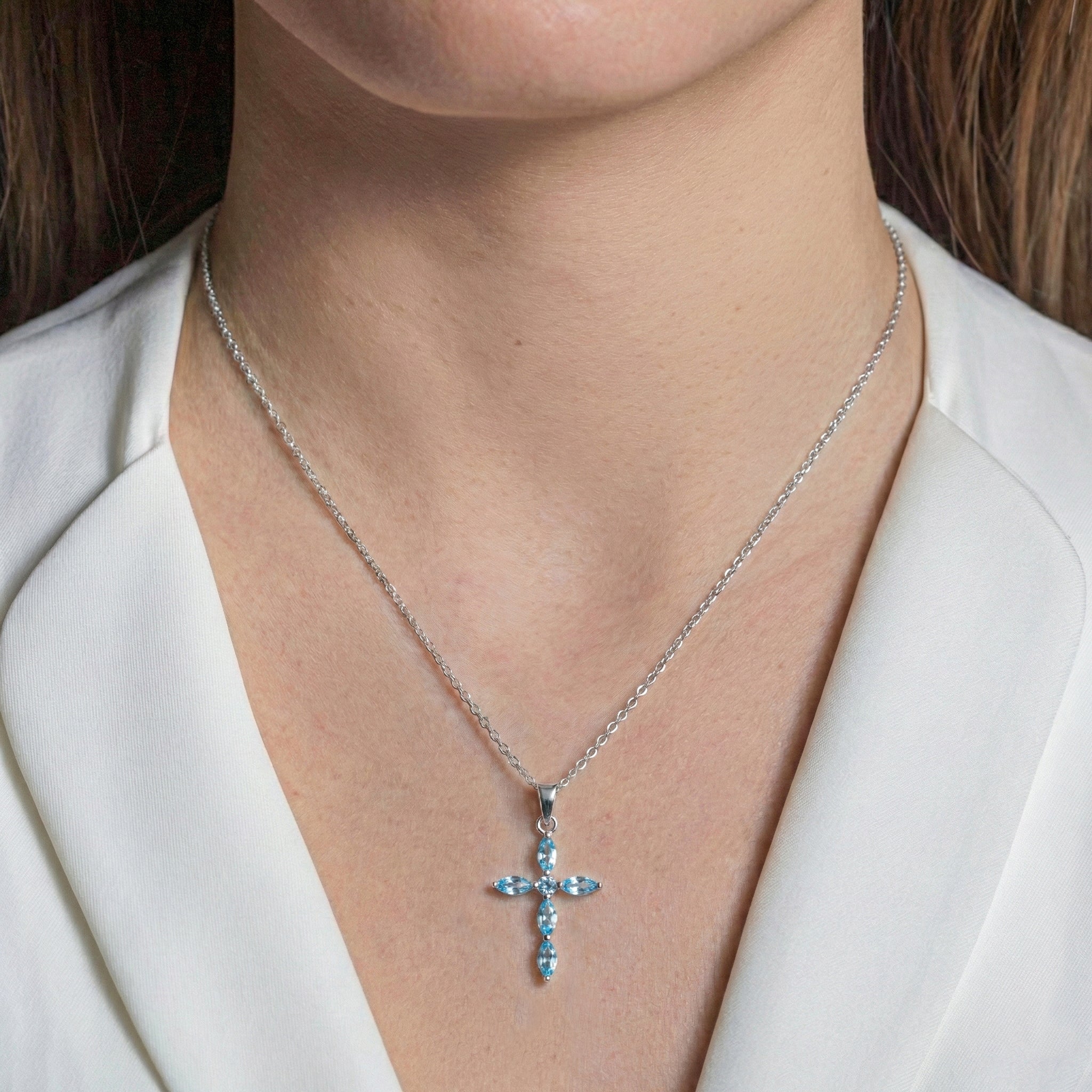 Blue Topaz Marquise Cross Pendant Necklace in 925 Sterling Silver 2ct