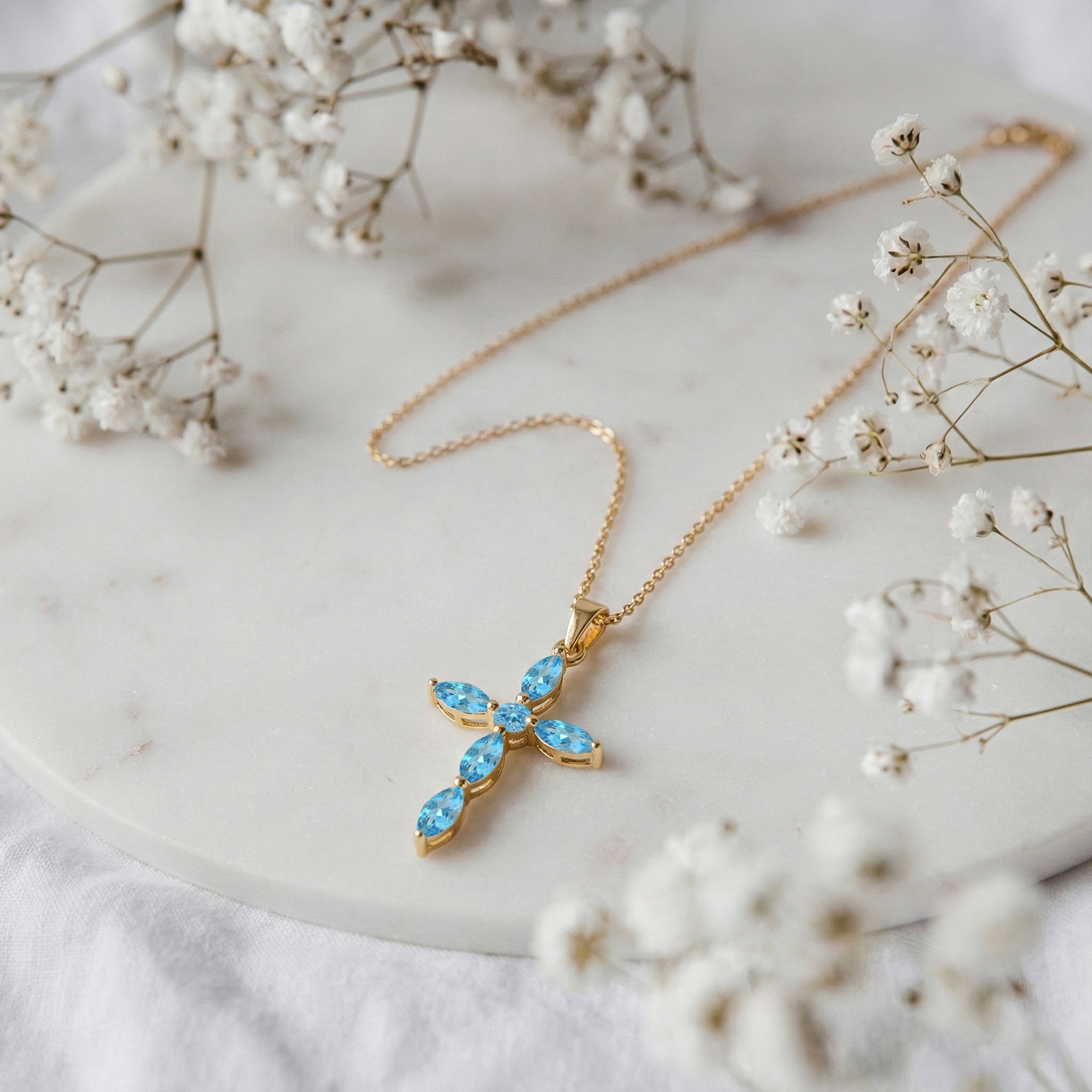 Blue Topaz Marquise Cross Pendant Necklace in Yellow Gold Plated 2ct