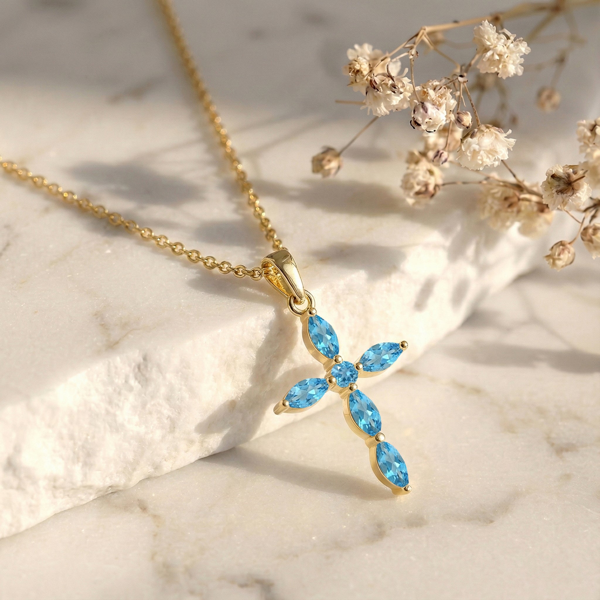 Blue Topaz Marquise Cross Pendant Necklace in Yellow Gold Plated 2ct