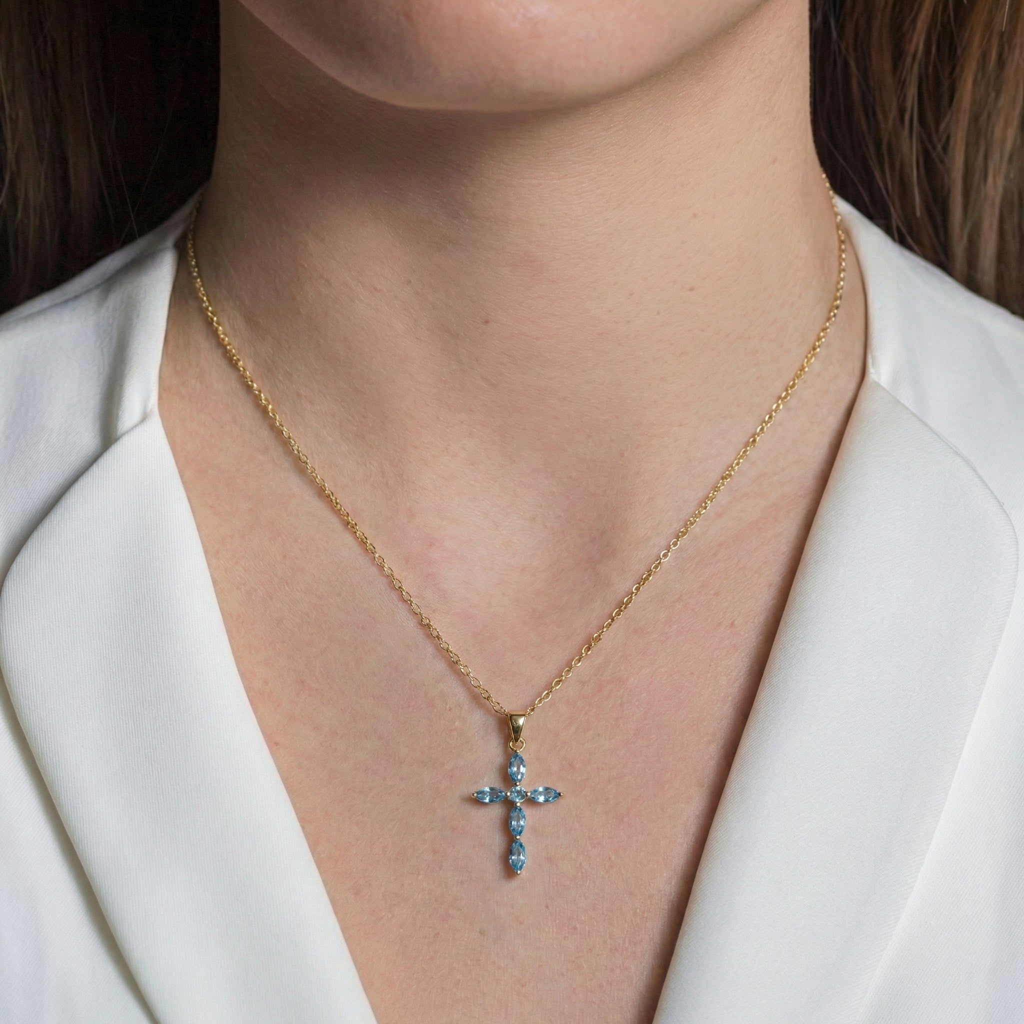 Blue Topaz Marquise Cross Pendant Necklace in Yellow Gold Plated 2ct