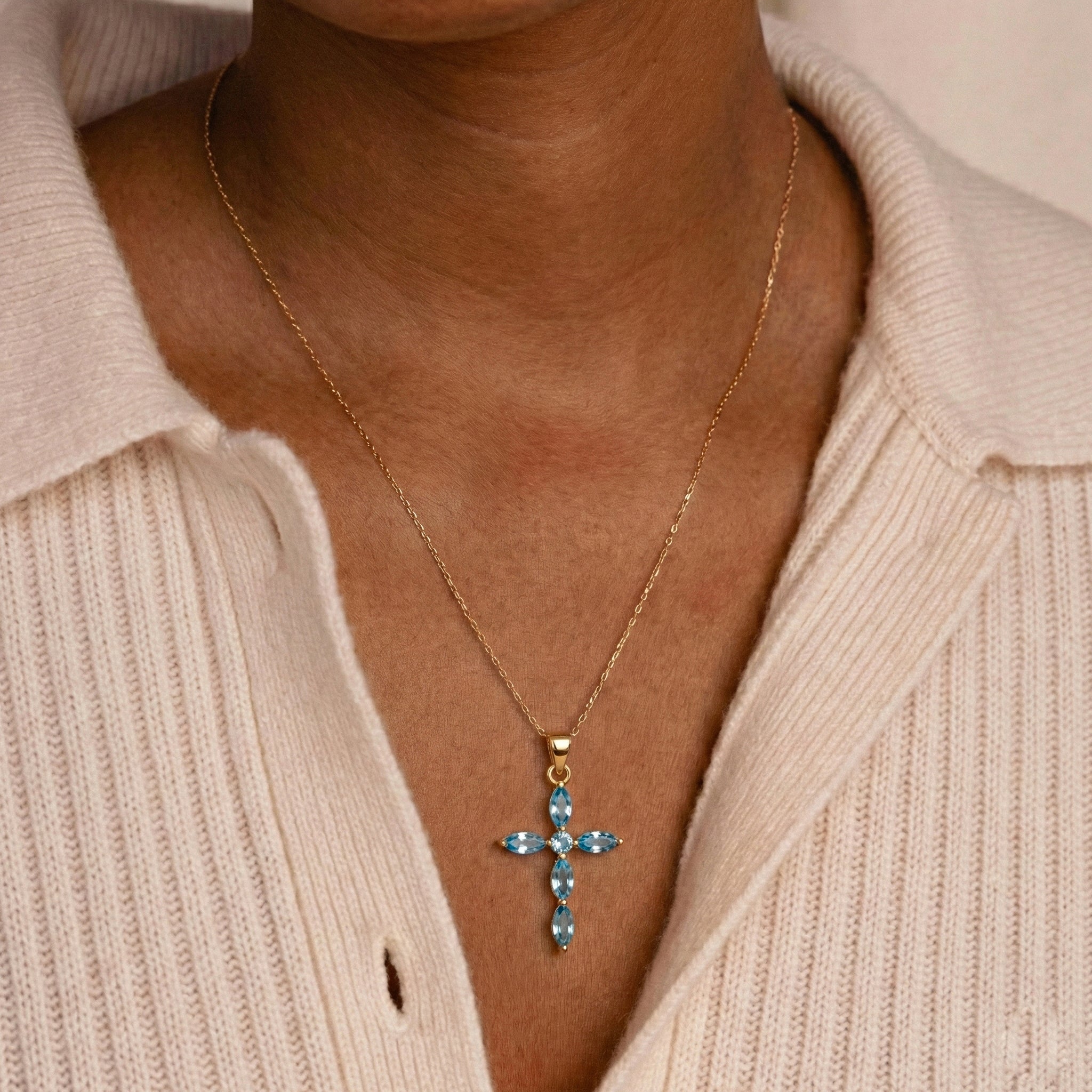 Blue Topaz Marquise Cross Pendant Necklace in Yellow Gold Plated 2ct