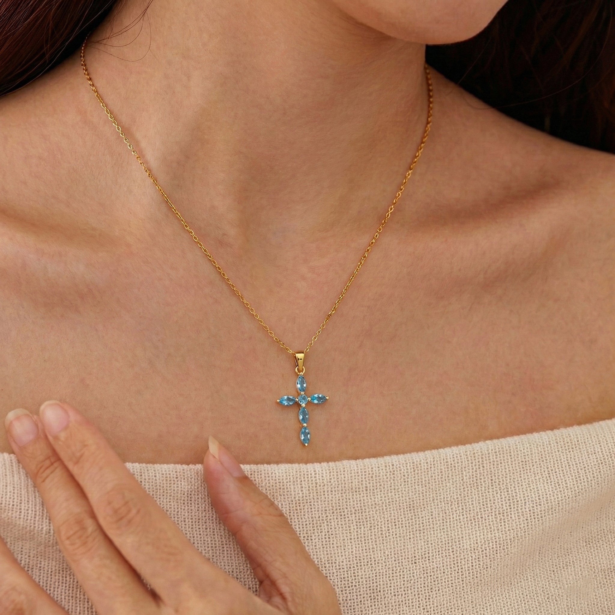 Blue Topaz Marquise Cross Pendant Necklace in 925 Sterling Silver 2ct