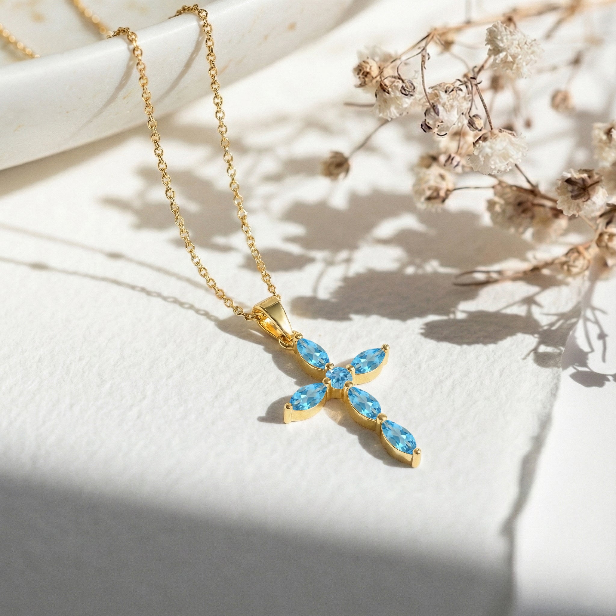 Blue Topaz Marquise Cross Pendant Necklace in Yellow Gold Plated 2ct