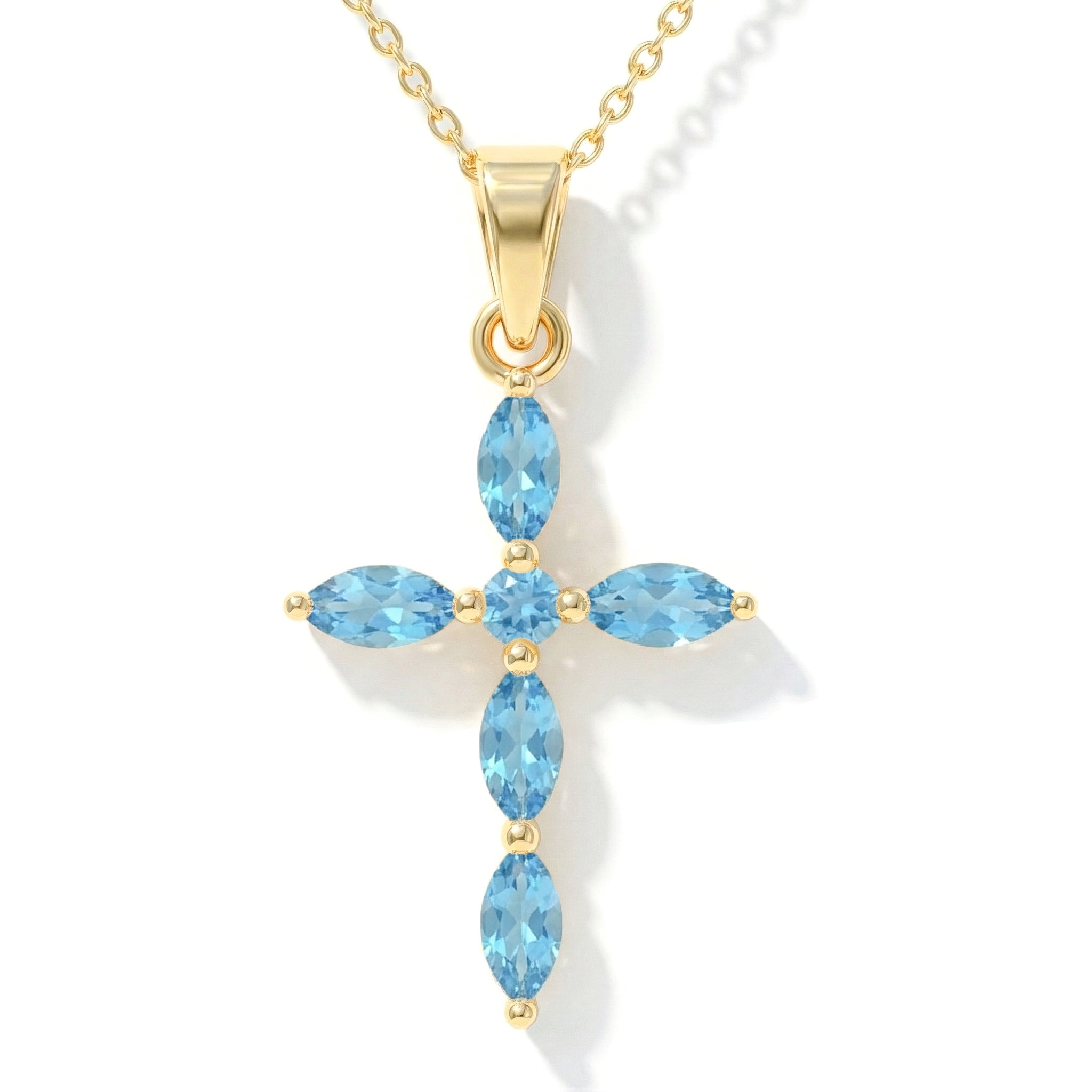 Blue Topaz Marquise Cross Pendant Necklace in Yellow Gold Plated 2ct