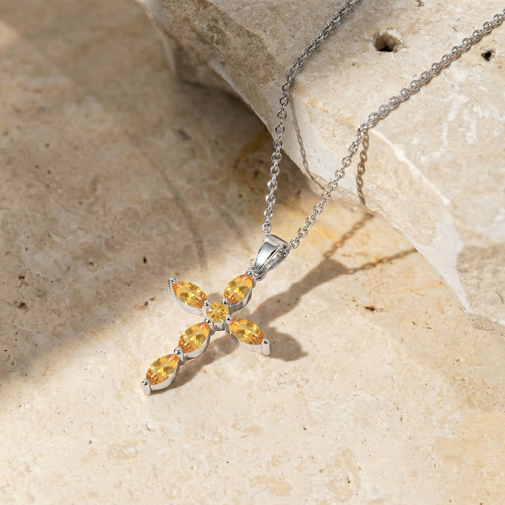 Citrine Marquise Cross Pendant Necklace in 925 Sterling Silver