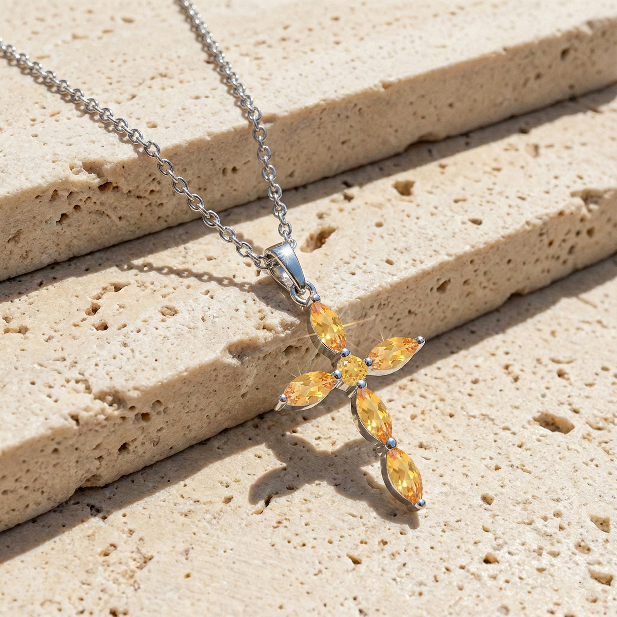 Citrine Marquise Cross Pendant Necklace in 925 Sterling Silver