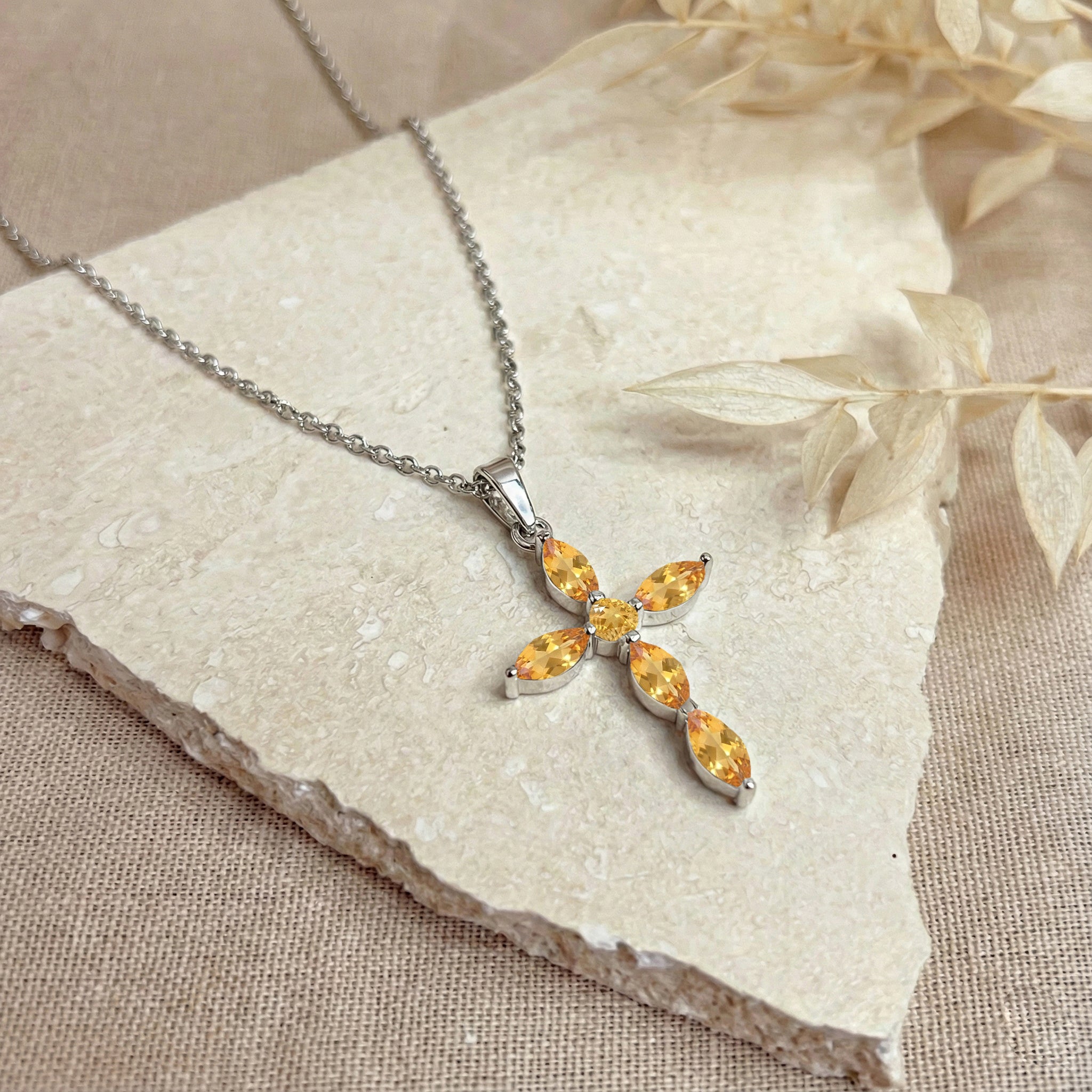 Citrine Marquise Cross Pendant Necklace in 925 Sterling Silver 2ct