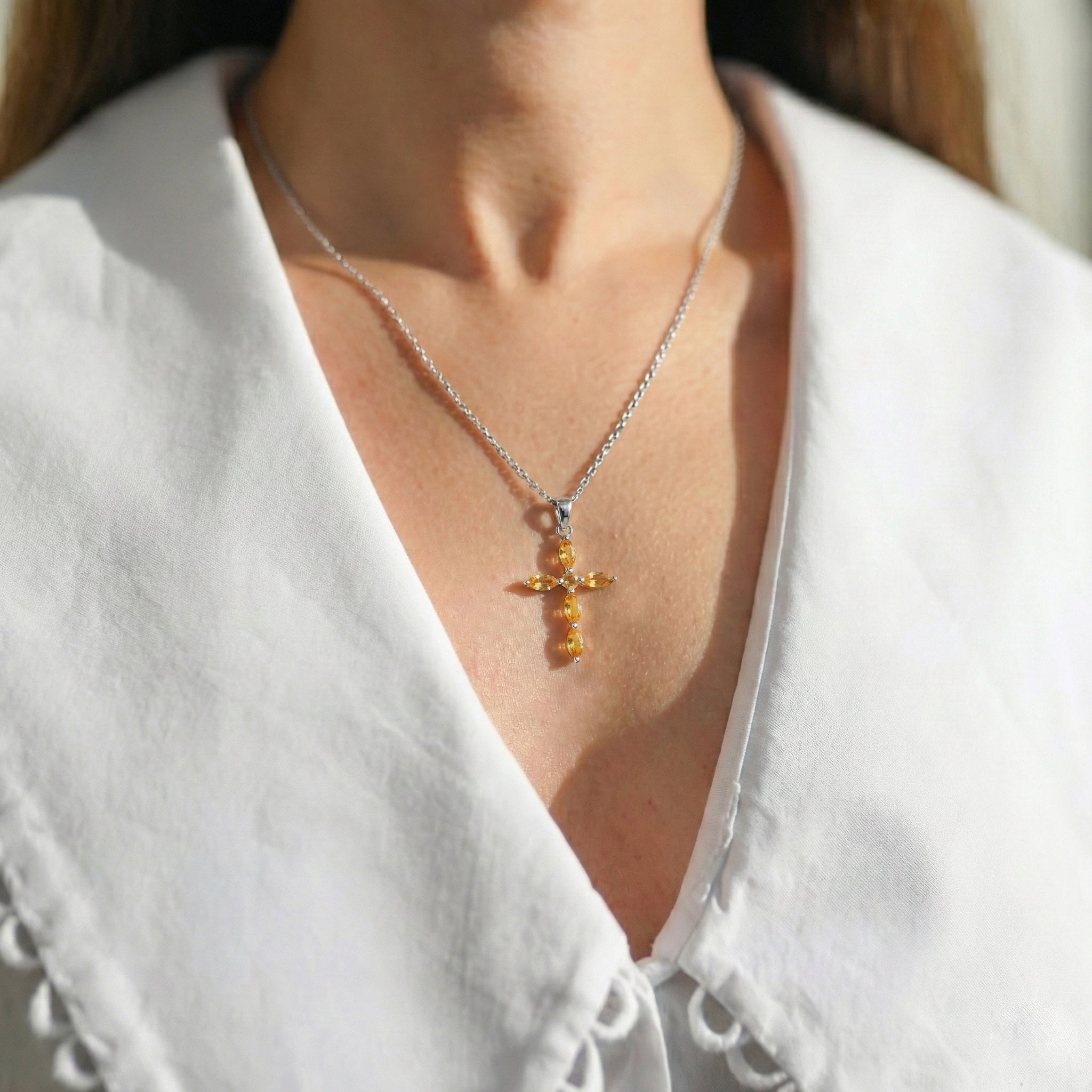Citrine Marquise Cross Pendant Necklace in 925 Sterling Silver 2ct