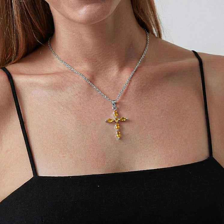 Citrine Marquise Cross Pendant Necklace in 925 Sterling Silver 2ct