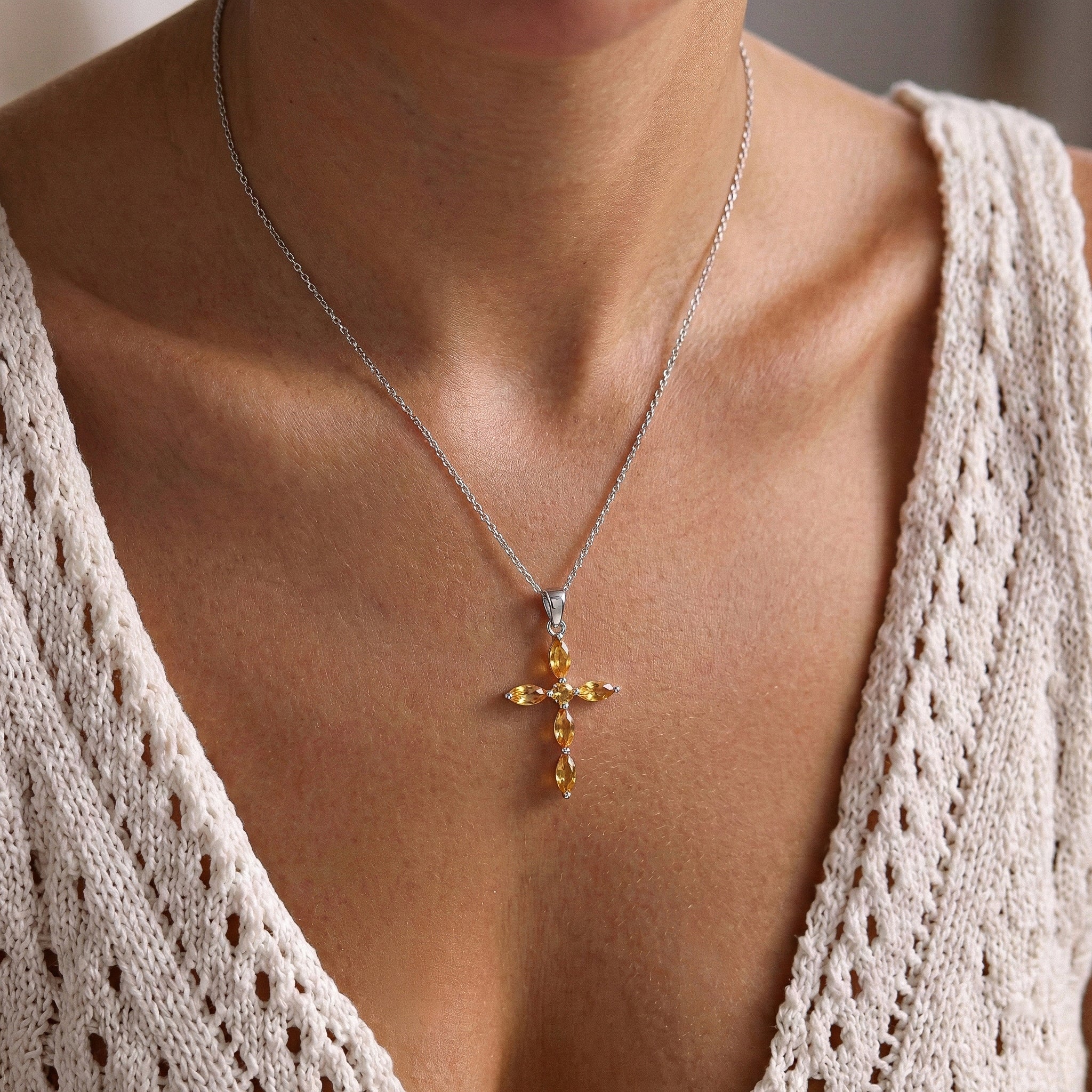 Citrine Marquise Cross Pendant Necklace in 925 Sterling Silver 2ct