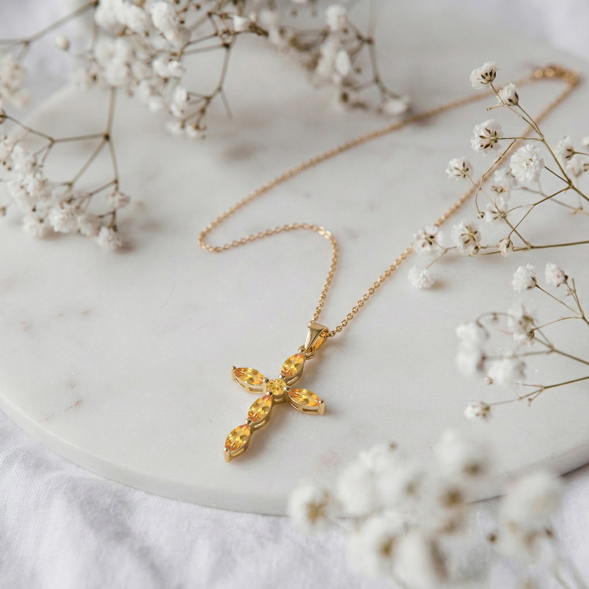 Citrine Marquise Cross Pendant Necklace in 925 Sterling Silver 2ct