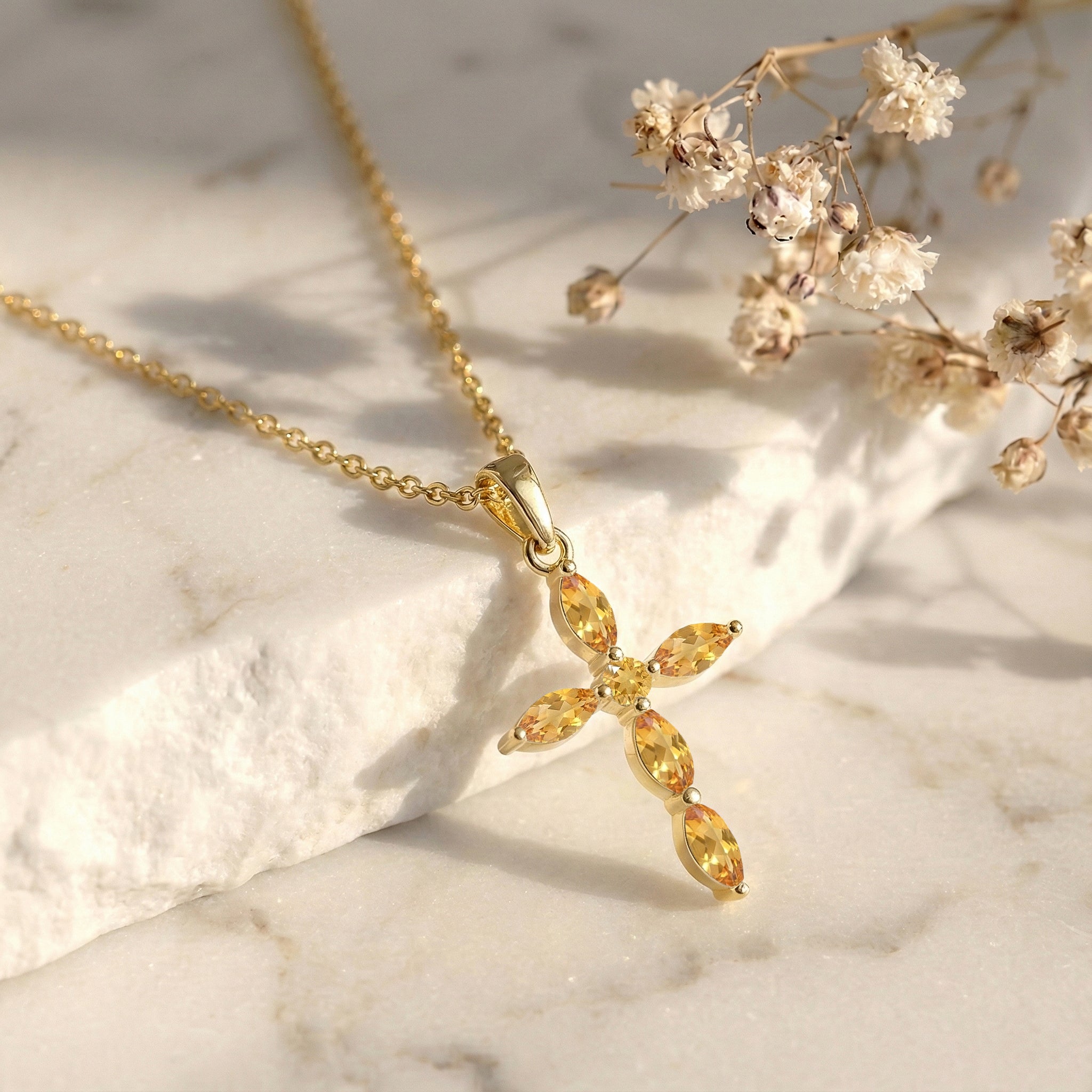 Citrine Marquise Cross Pendant Necklace in 925 Sterling Silver 2ct