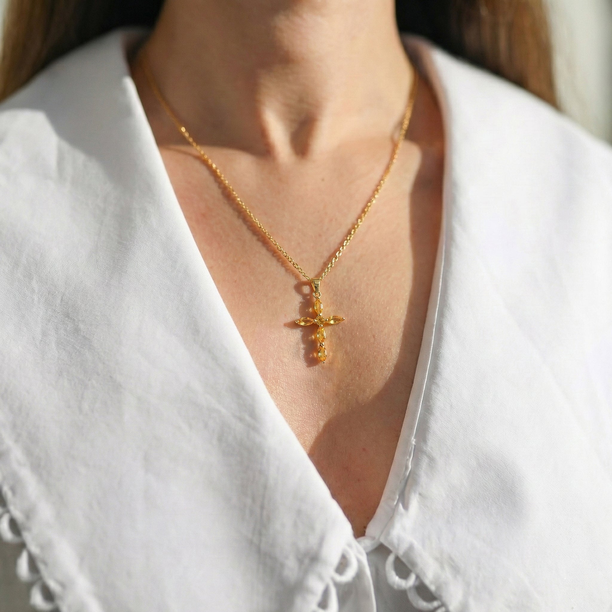 Citrine Marquise Cross Pendant Necklace in Yellow Gold Plated 2ct