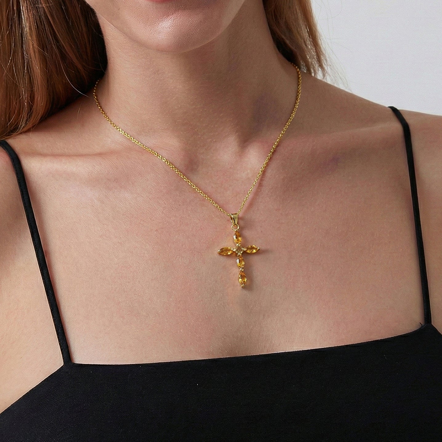 Citrine Marquise Cross Pendant Necklace in Yellow Gold Plated 2ct