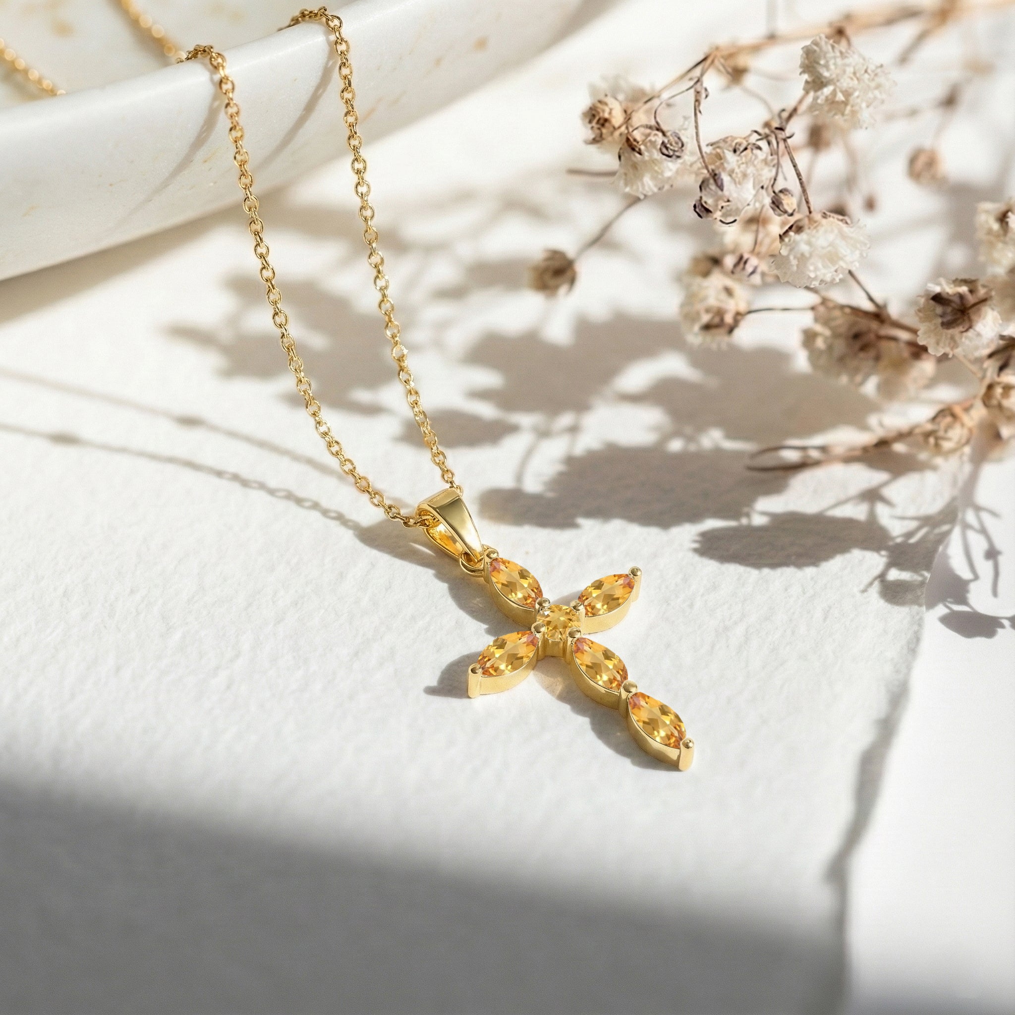 Citrine Marquise Cross Pendant Necklace in Yellow Gold Plated 2ct
