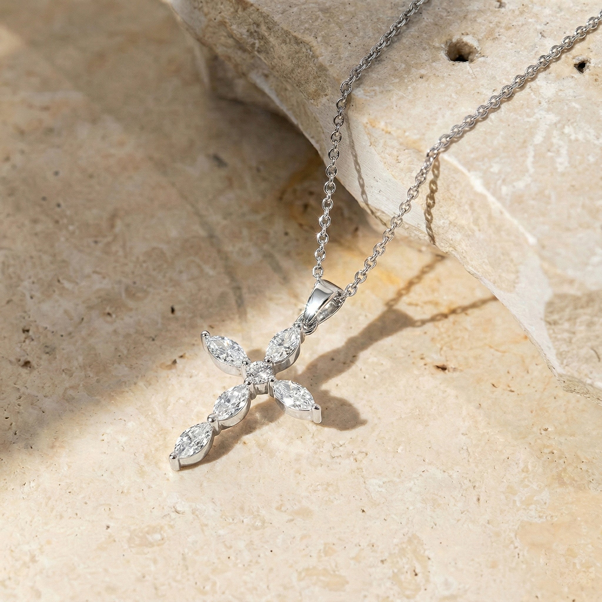 Simulated Diamond Marquise Cross Pendant Necklace in 925 Sterling Silver 2ct