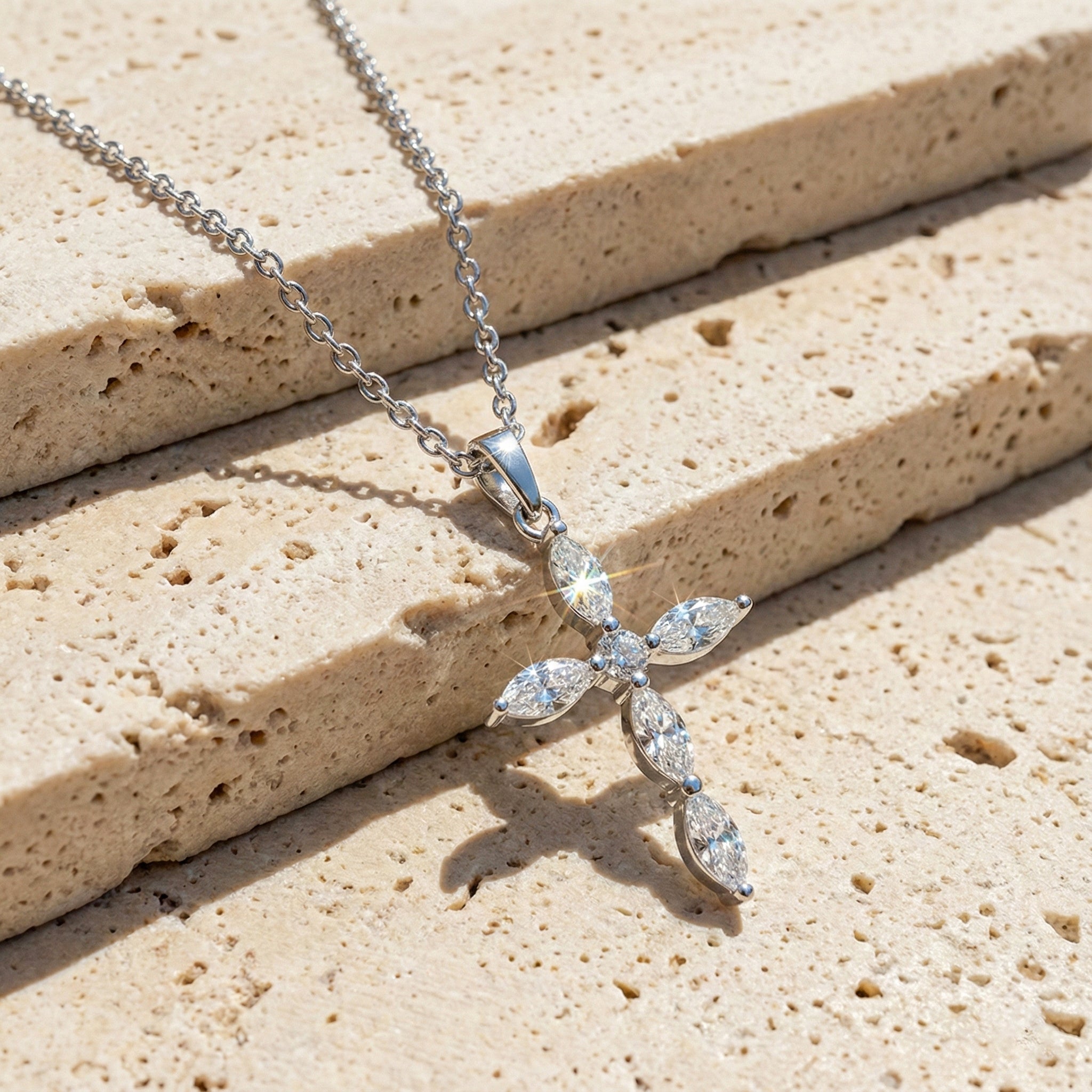 Simulated Diamond Marquise Cross Pendant Necklace in 925 Sterling Silver 2ct