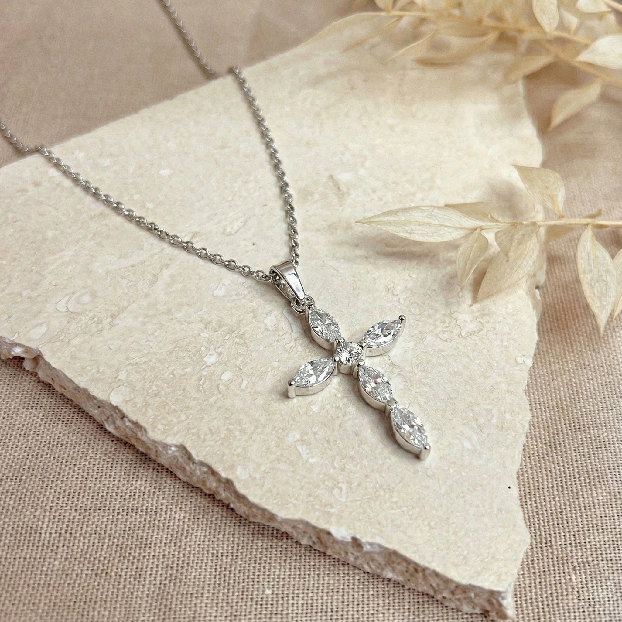 Simulated Diamond Marquise Cross Pendant Necklace in 925 Sterling Silver 2ct