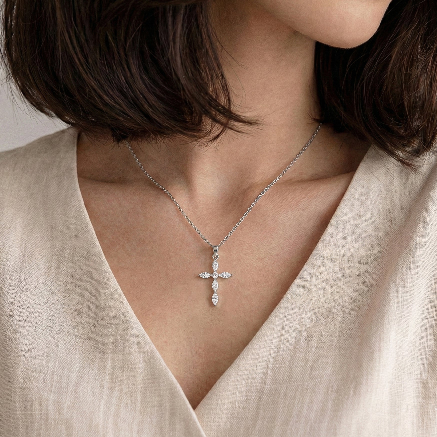 Simulated Diamond Marquise Cross Pendant Necklace in 925 Sterling Silver 2ct