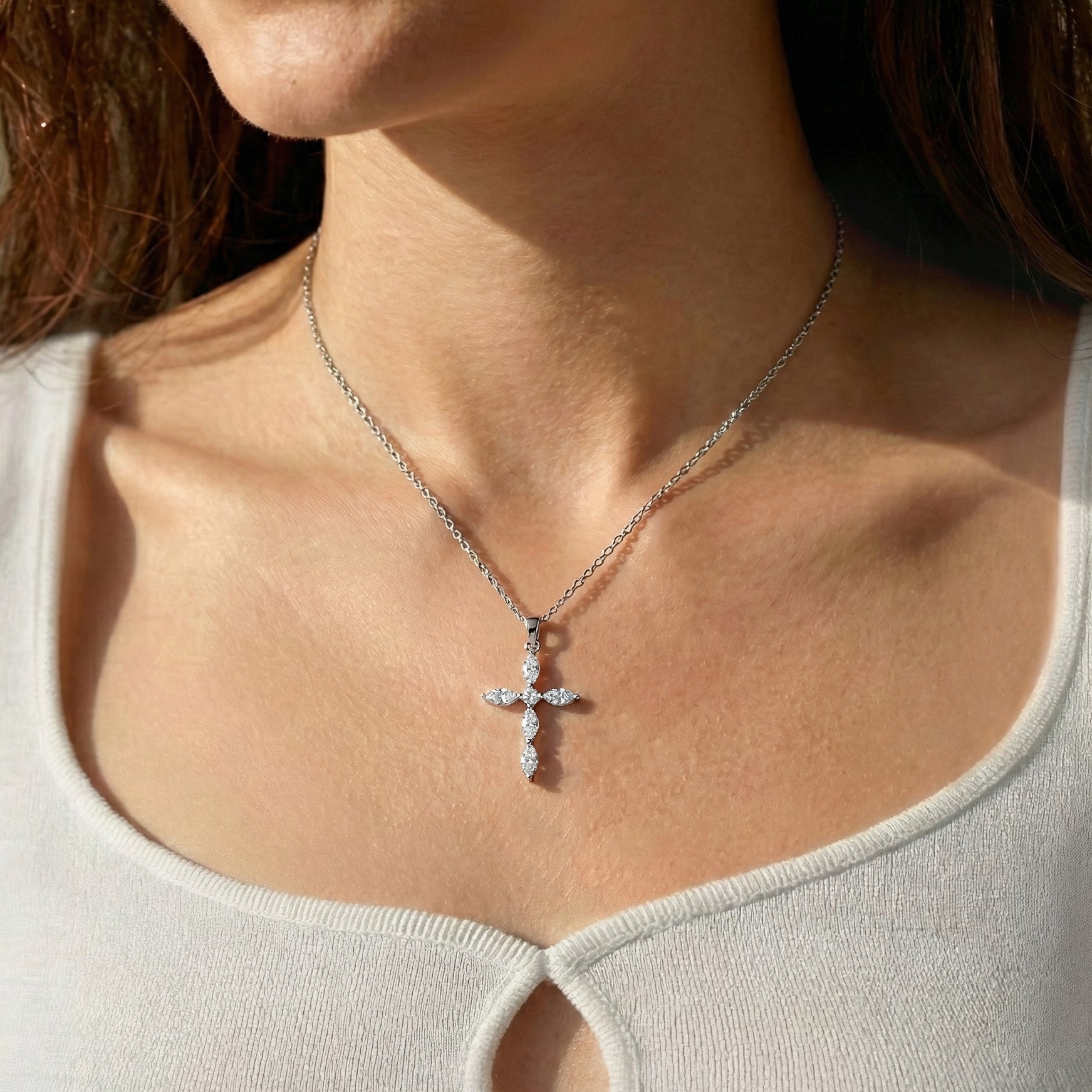 Simulated Diamond Marquise Cross Pendant Necklace in 925 Sterling Silver 2ct