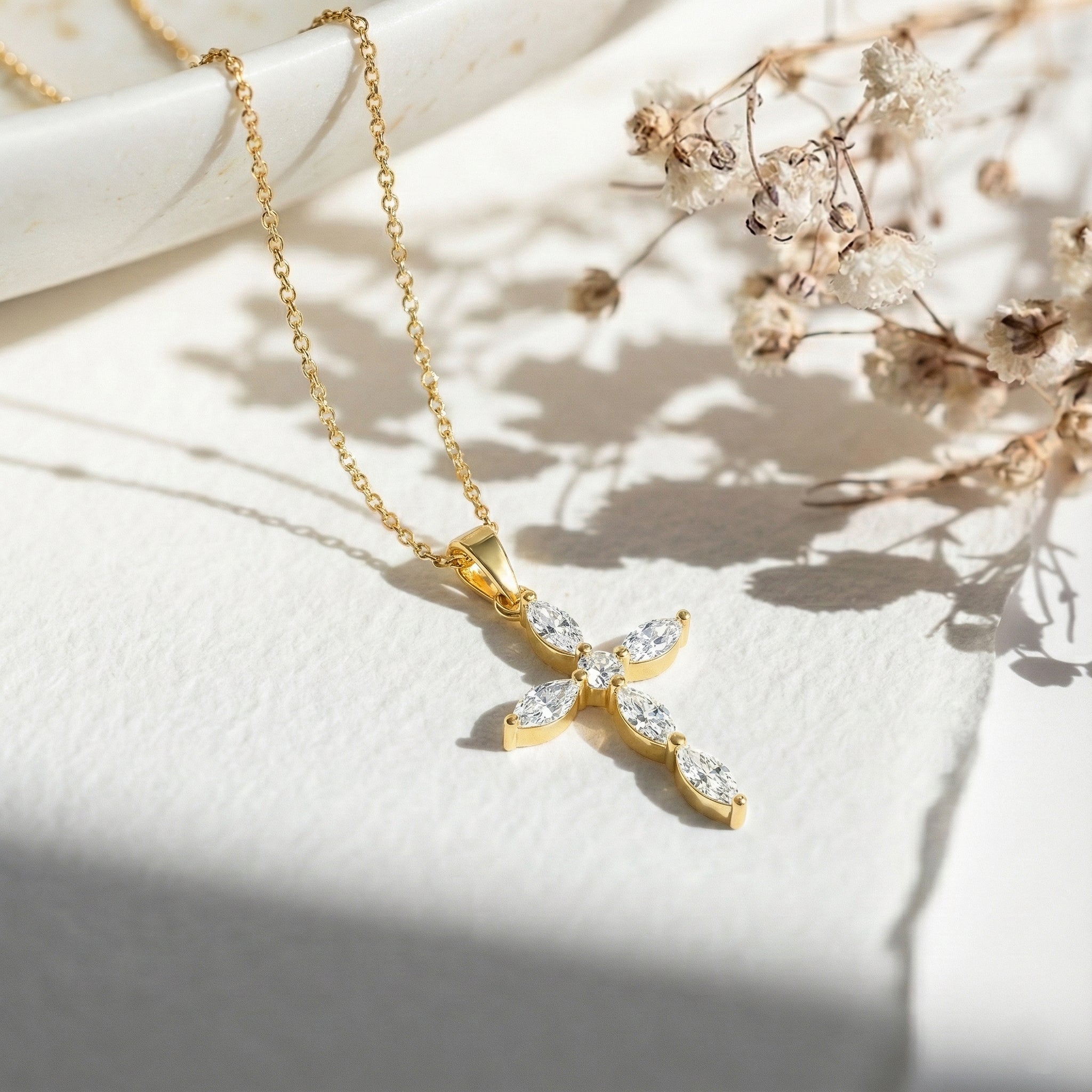 Simulated Diamond Marquise Cross Pendant Necklace in 925 Sterling Silver 2ct