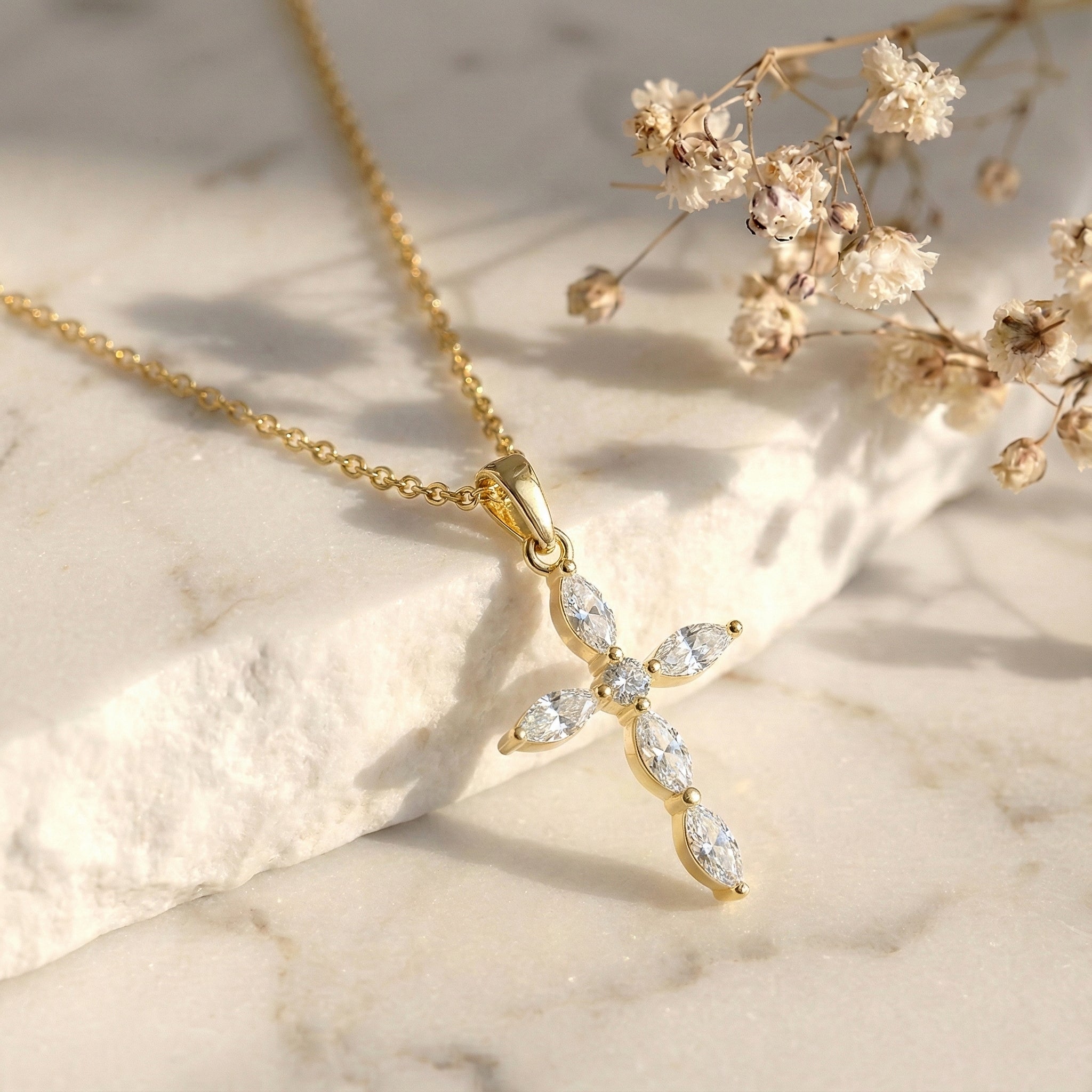Simulated Diamond Marquise Cross Pendant Necklace in Yellow Gold Plated 2ct