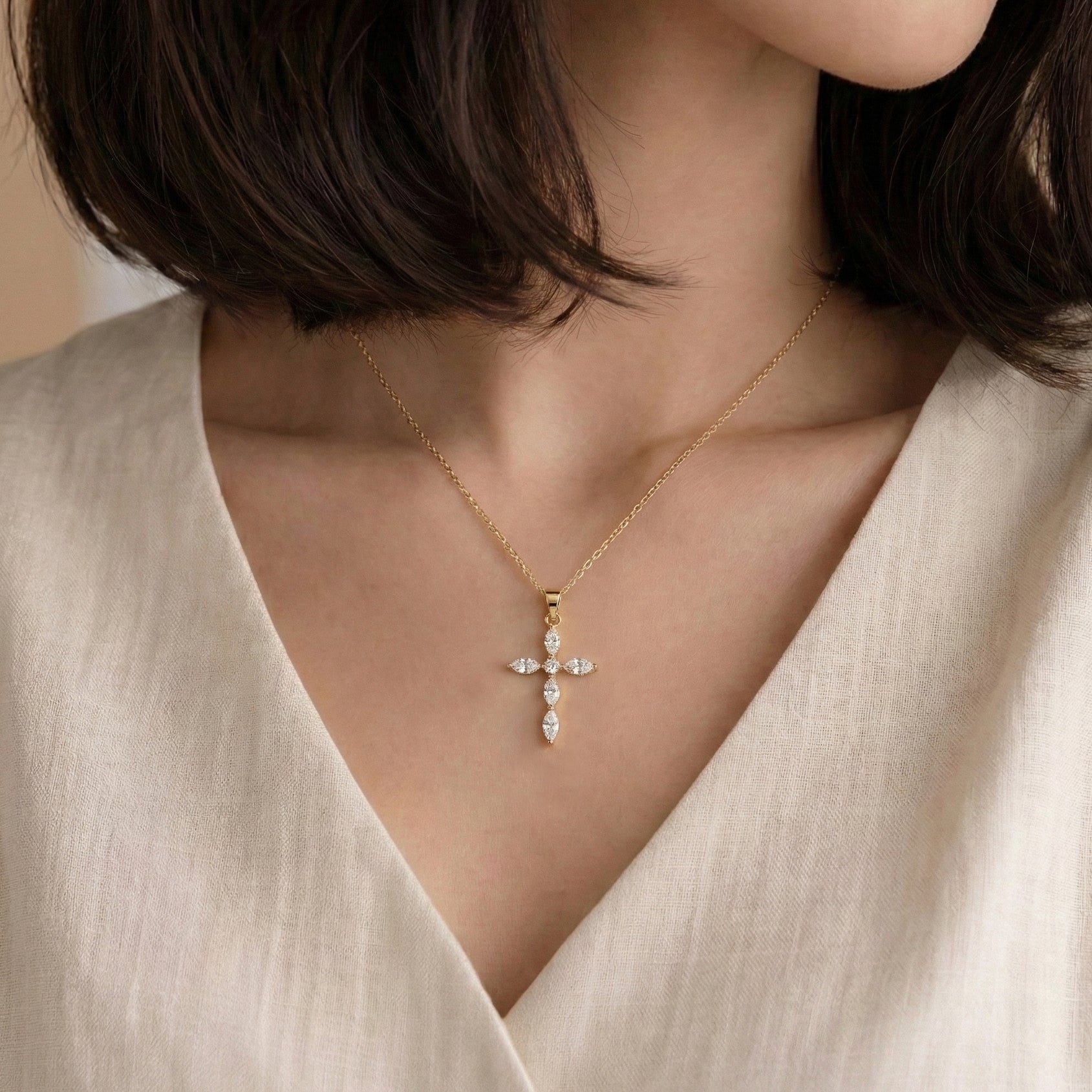 Simulated Diamond Marquise Cross Pendant Necklace in Yellow Gold Plated 2ct