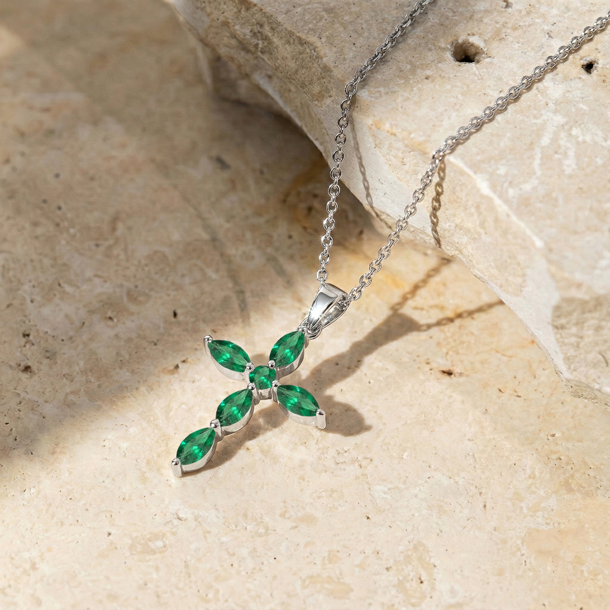 Emerald Marquise Cross Pendant Necklace in 925 Sterling Silver