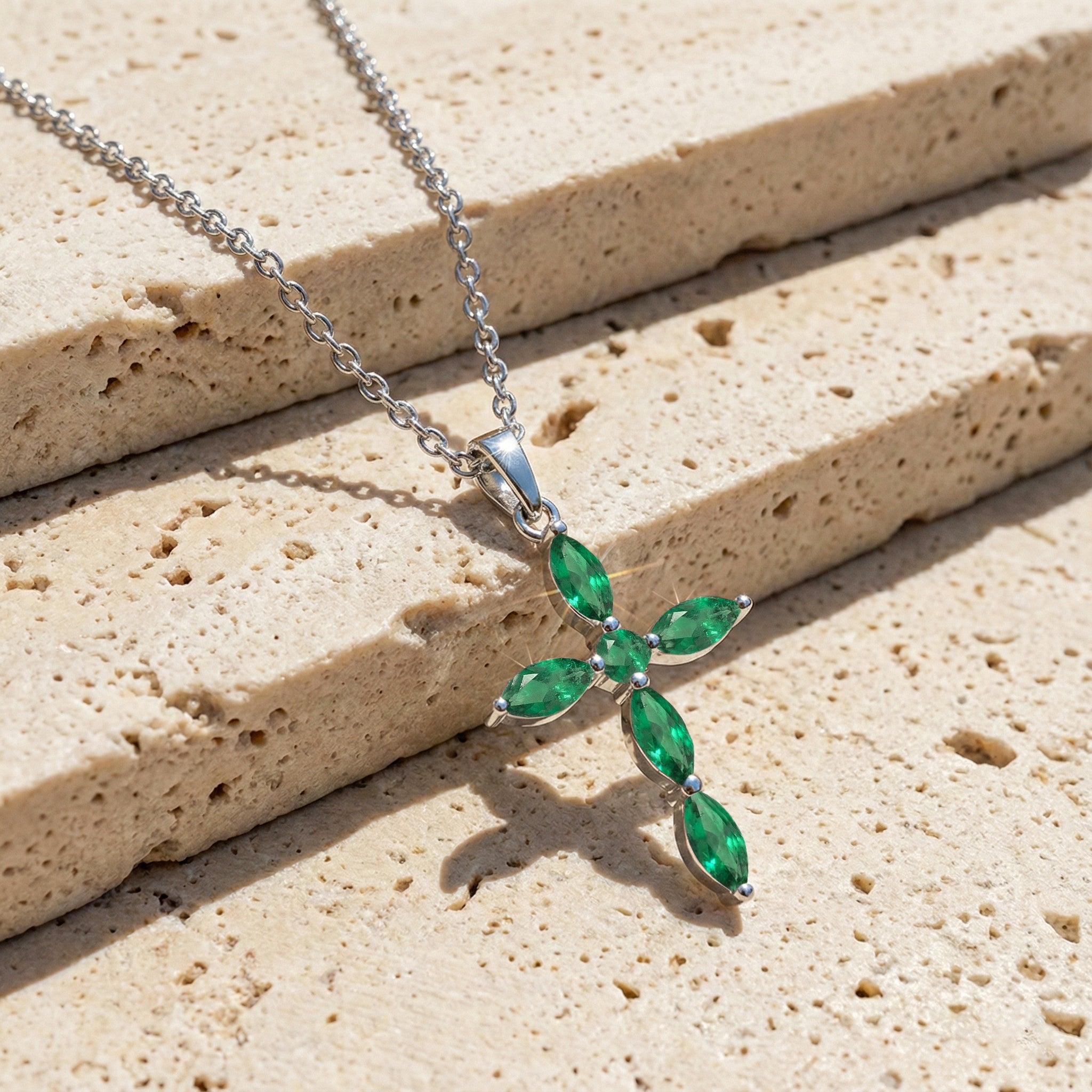 Emerald Marquise Cross Pendant Necklace in 925 Sterling Silver 2ct