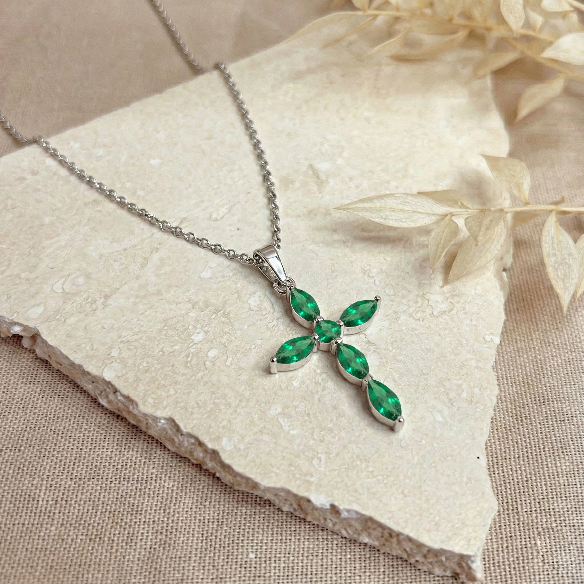 Emerald Marquise Cross Pendant Necklace in 925 Sterling Silver 2ct