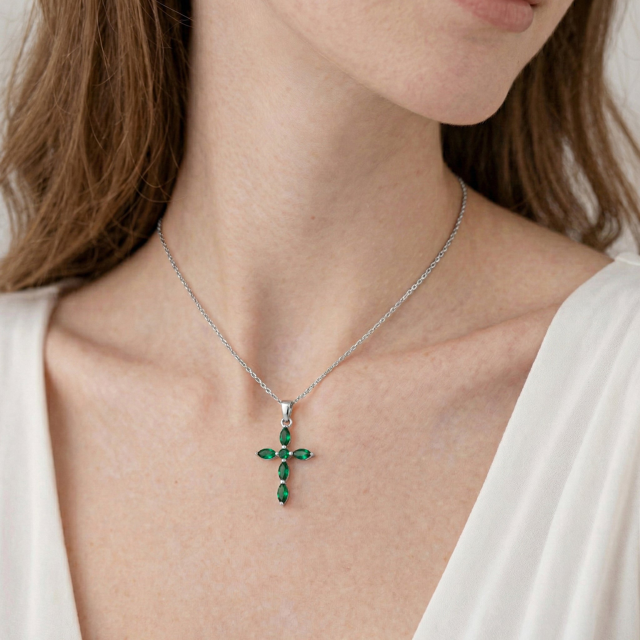 Emerald Marquise Cross Pendant Necklace in 925 Sterling Silver 2ct