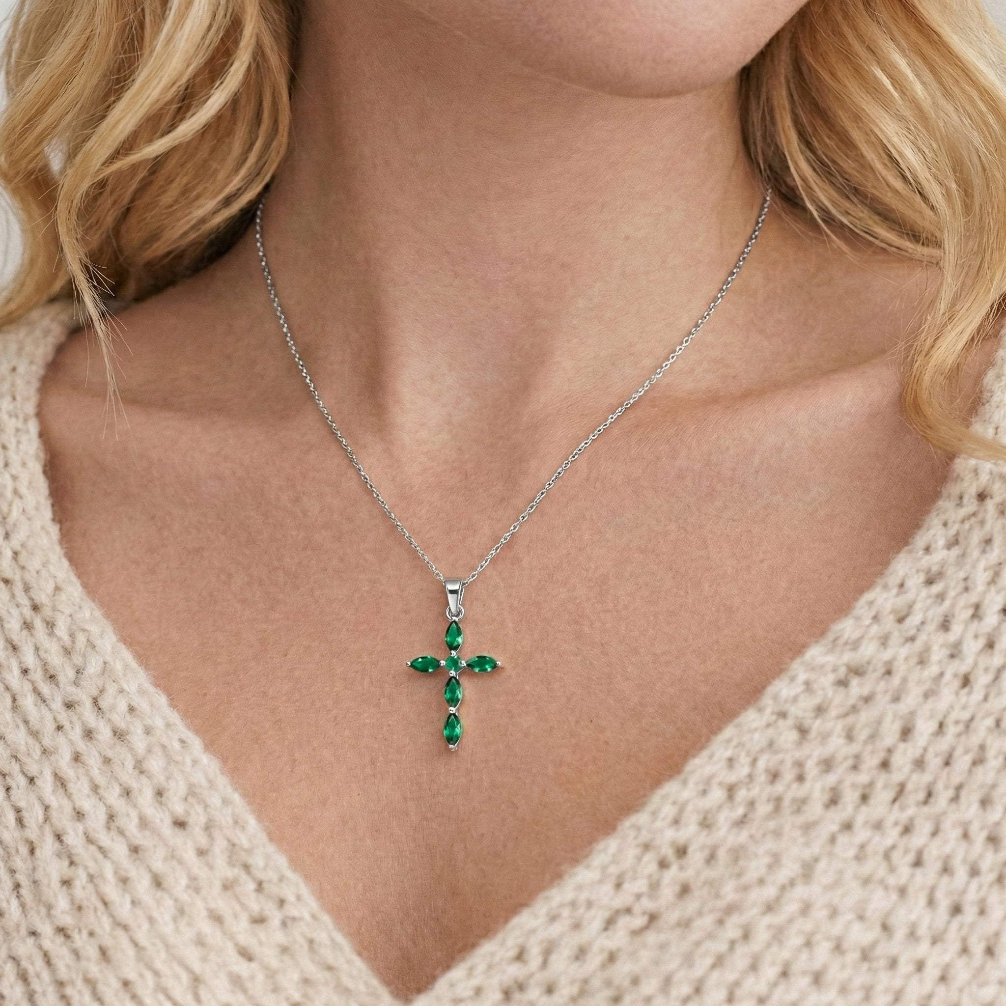 Emerald Marquise Cross Pendant Necklace in 925 Sterling Silver 2ct