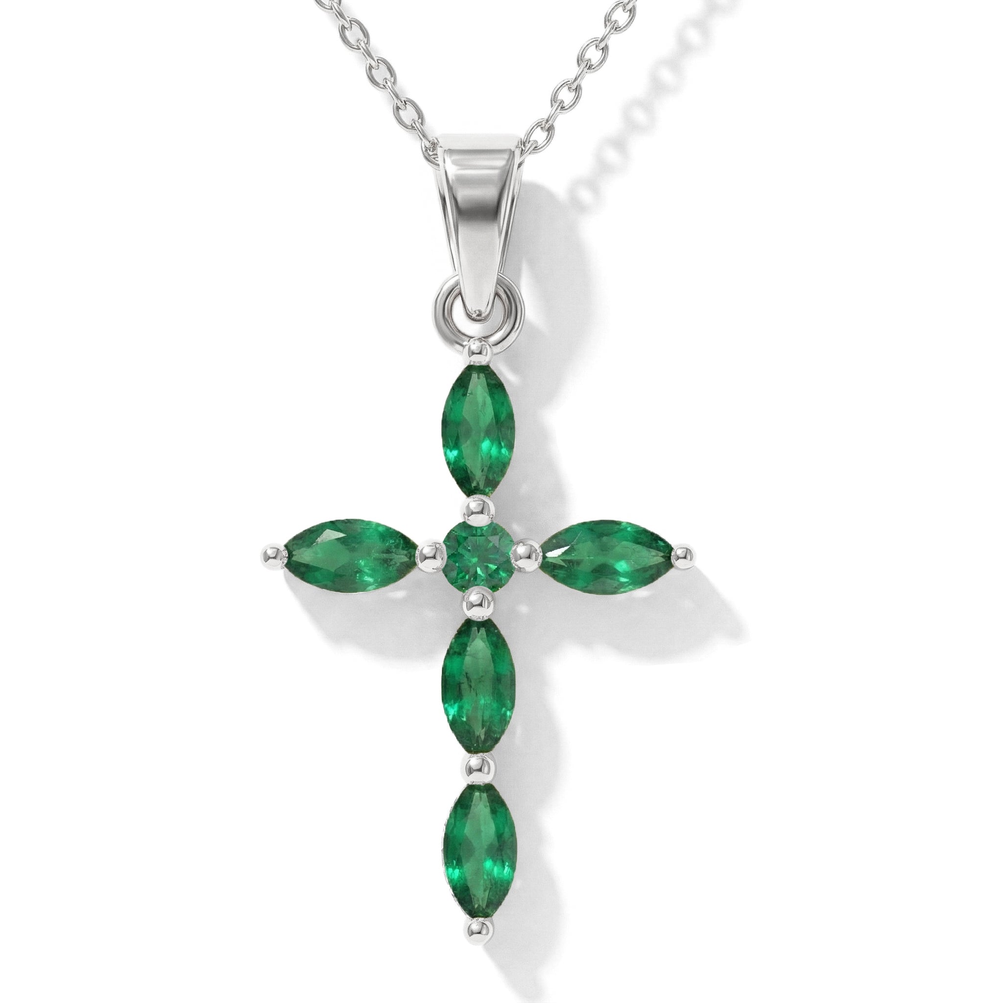 Emerald Marquise Cross Pendant Necklace in 925 Sterling Silver