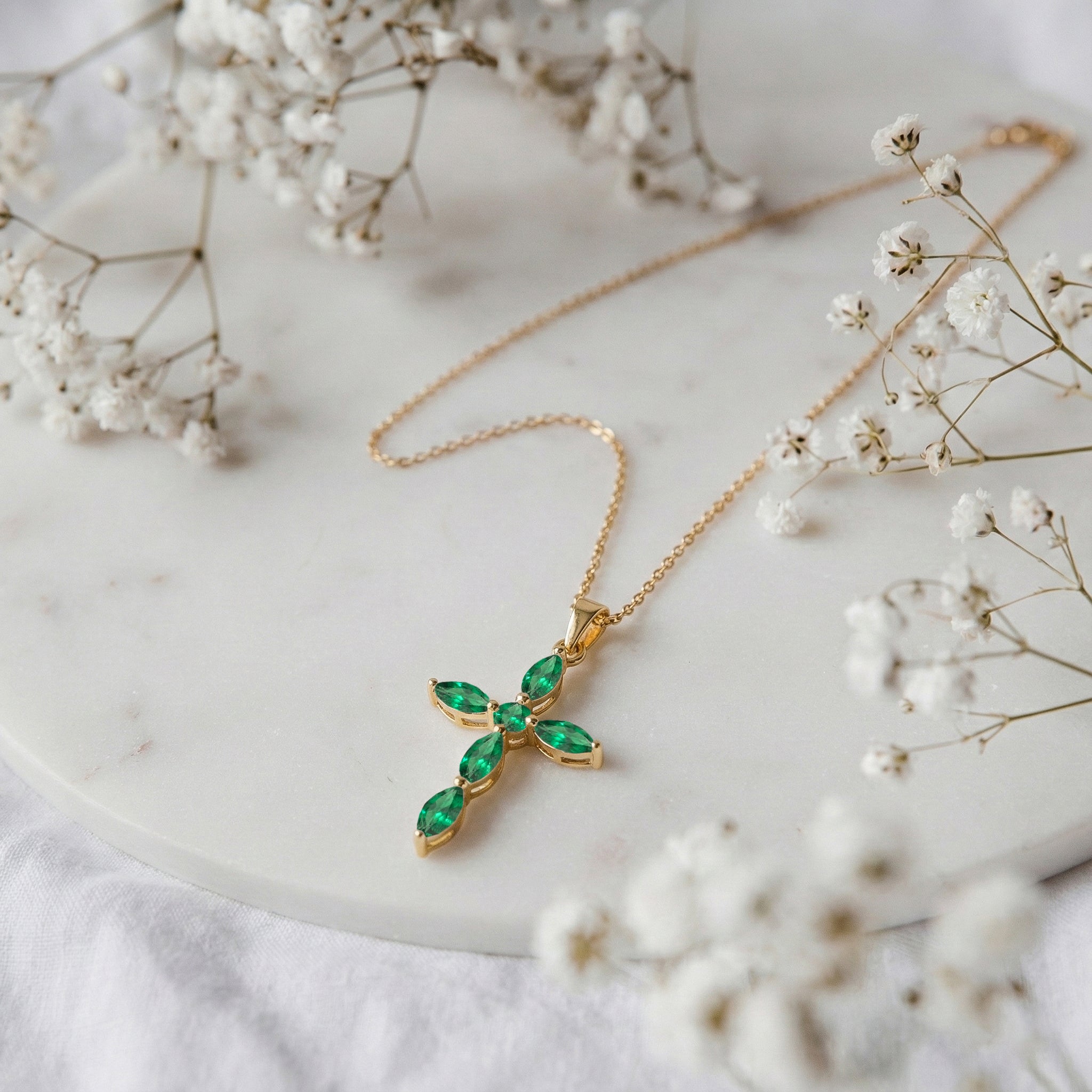 Emerald Marquise Cross Pendant Necklace in 925 Sterling Silver 2ct