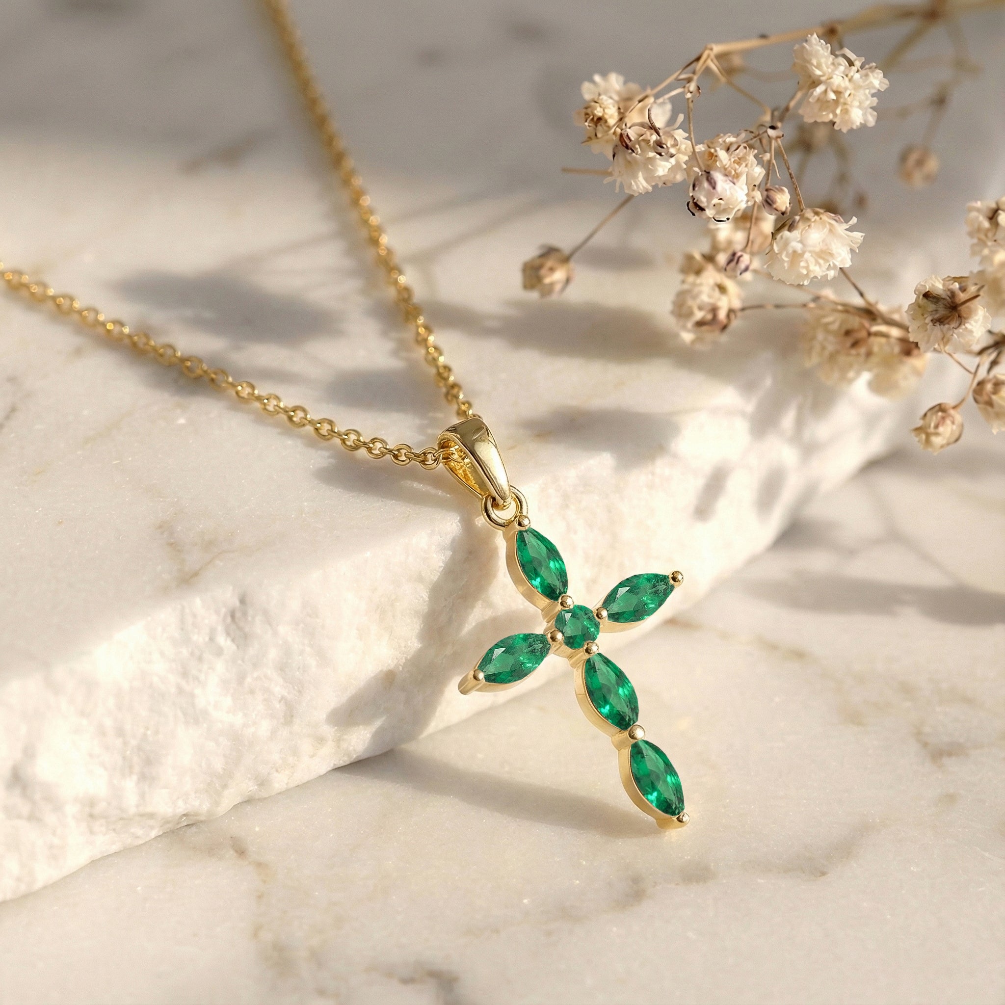 Emerald Marquise Cross Pendant Necklace in 925 Sterling Silver 2ct