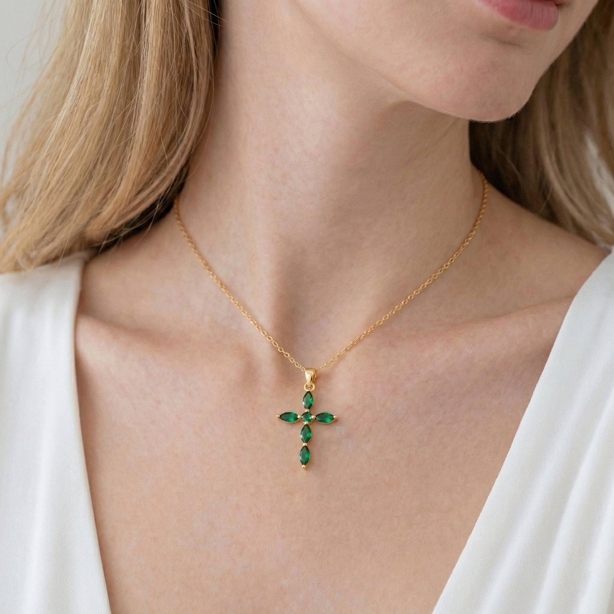 Emerald Marquise Cross Pendant Necklace in 925 Sterling Silver 2ct