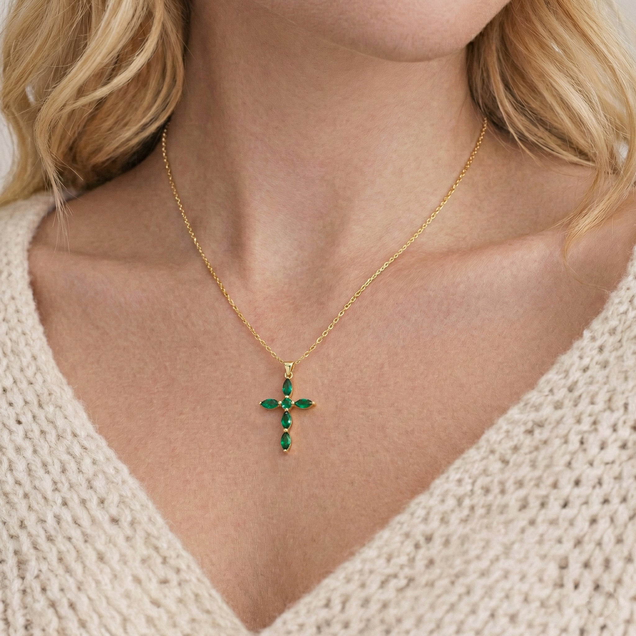 Emerald Marquise Cross Pendant Necklace in 925 Sterling Silver 2ct