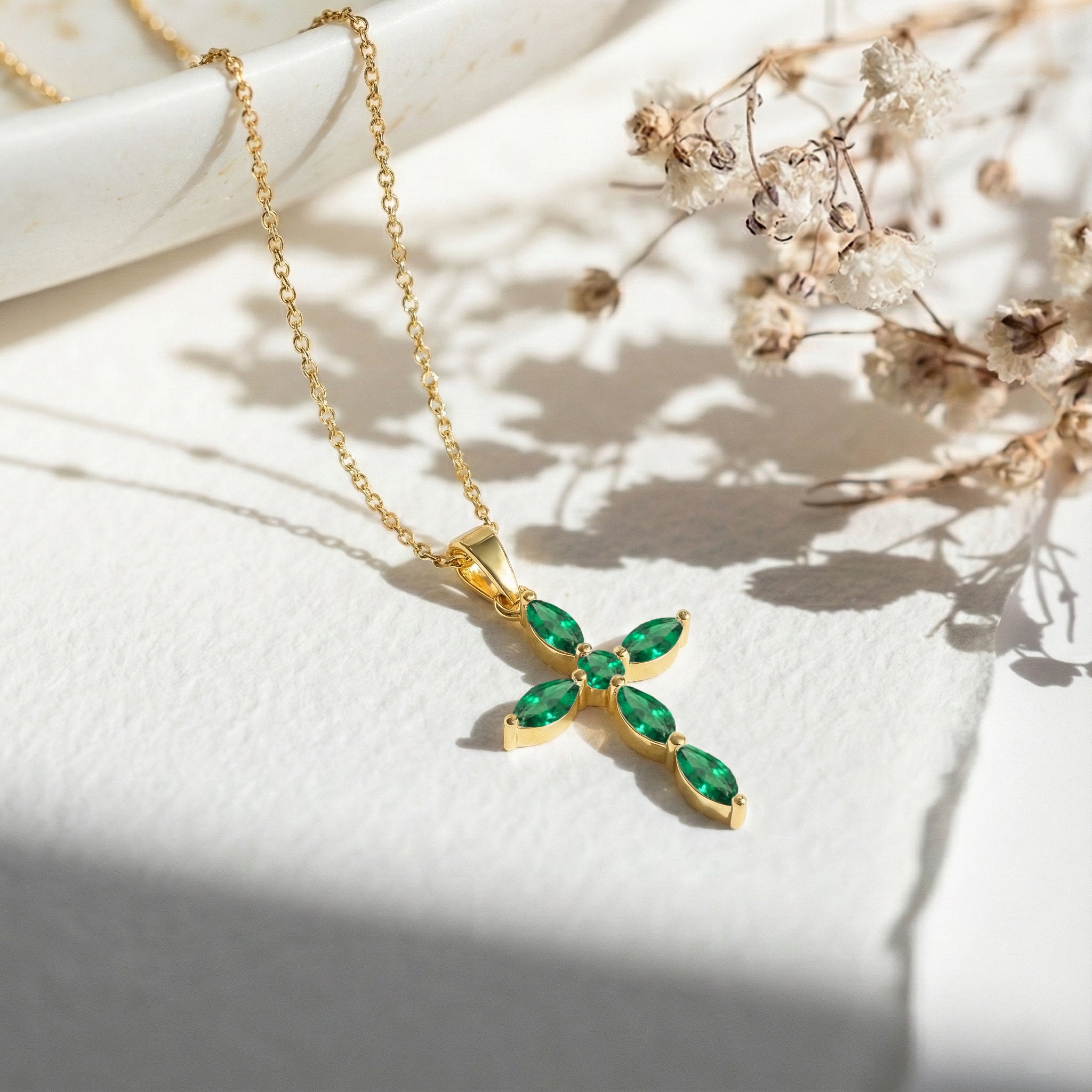 Emerald Marquise Cross Pendant Necklace in 925 Sterling Silver 2ct
